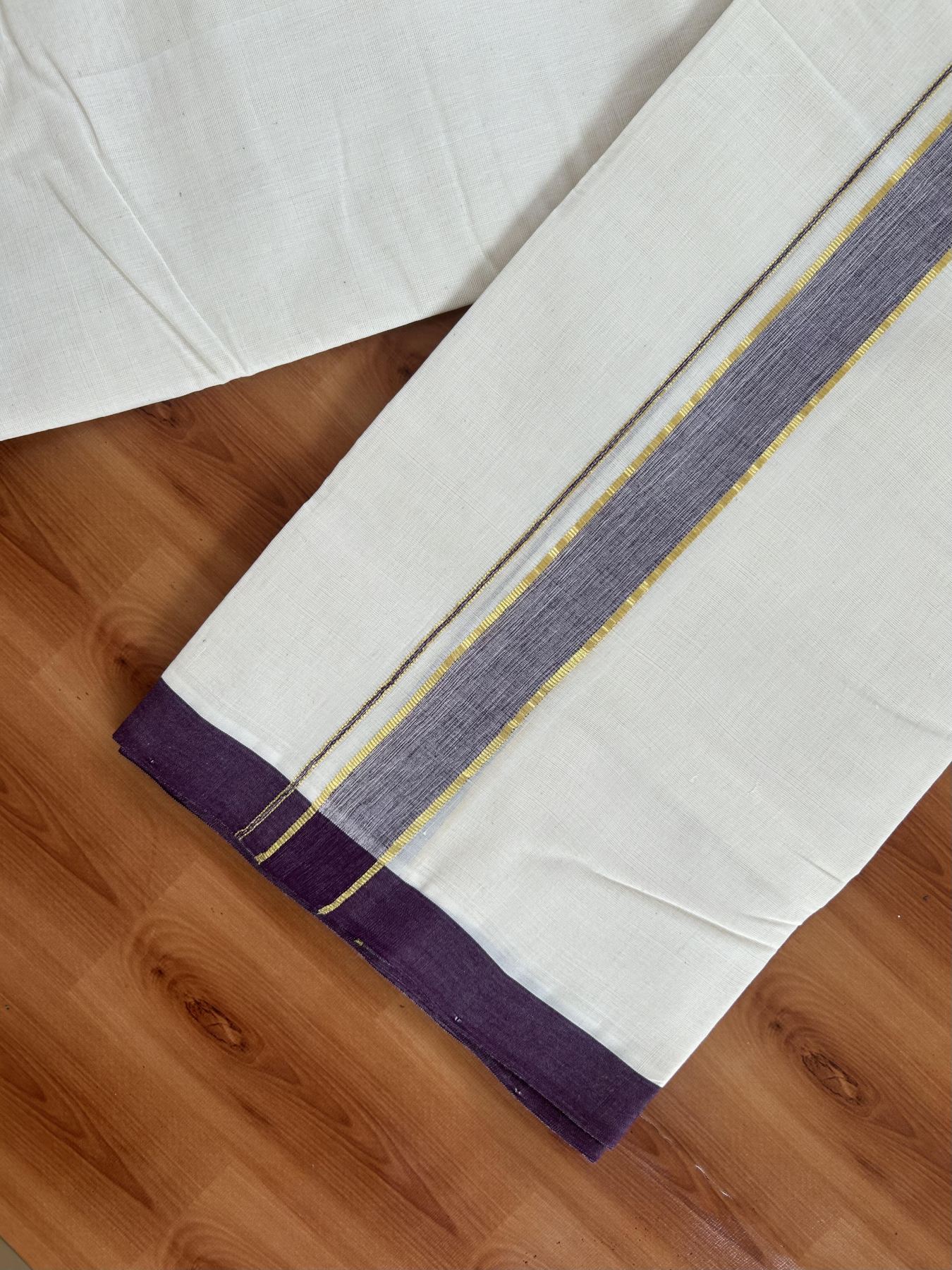 25% Discount! KaithariKada Handloom Millpaav - Kerala Handloom Cotton Double Mundu/Dhoti Off white (Unbleached) - 80x90 - 1.25 inch Gold Kasav & Wine Shaded Kara 3.60 meter (8 Muzham) - 10 KK5383 RAM