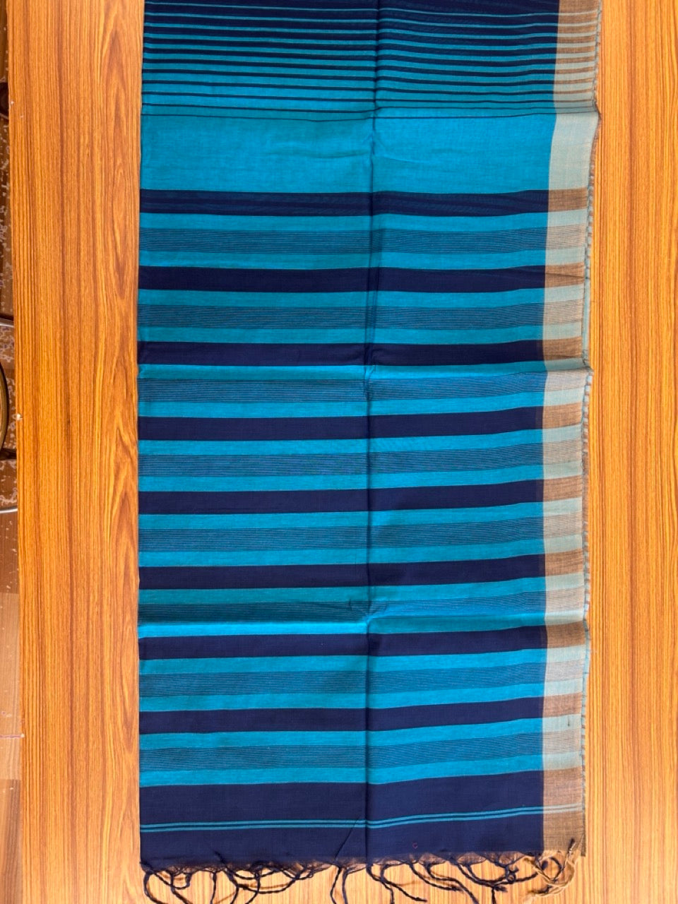 KaithariKada- Balaramapuram  Saree - 100% PURE Cotton - Navy Blue & Peacock Blue Striped Design - 1KK1008RJT