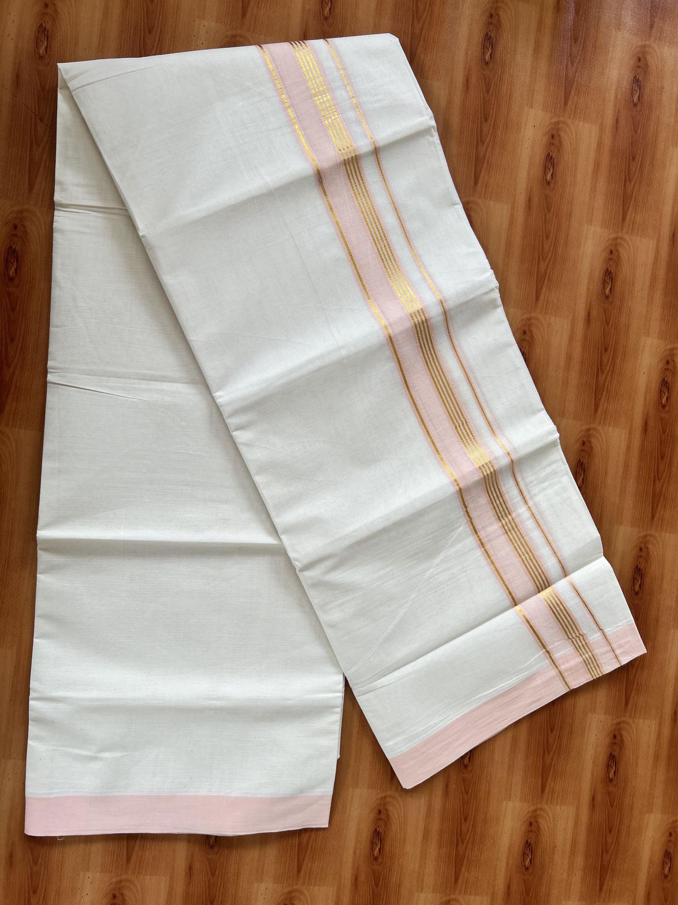 Double Off White (Unbleached) Mundu/Dothi- 20% Discount! Kaitharikada 100% Pure Cotton - 100x80 - 1.5 inch Gold Kasav Stripes & Light Peach Shaded Kara 4 mtr (8.5 muzham) - 53 KK5452 THI