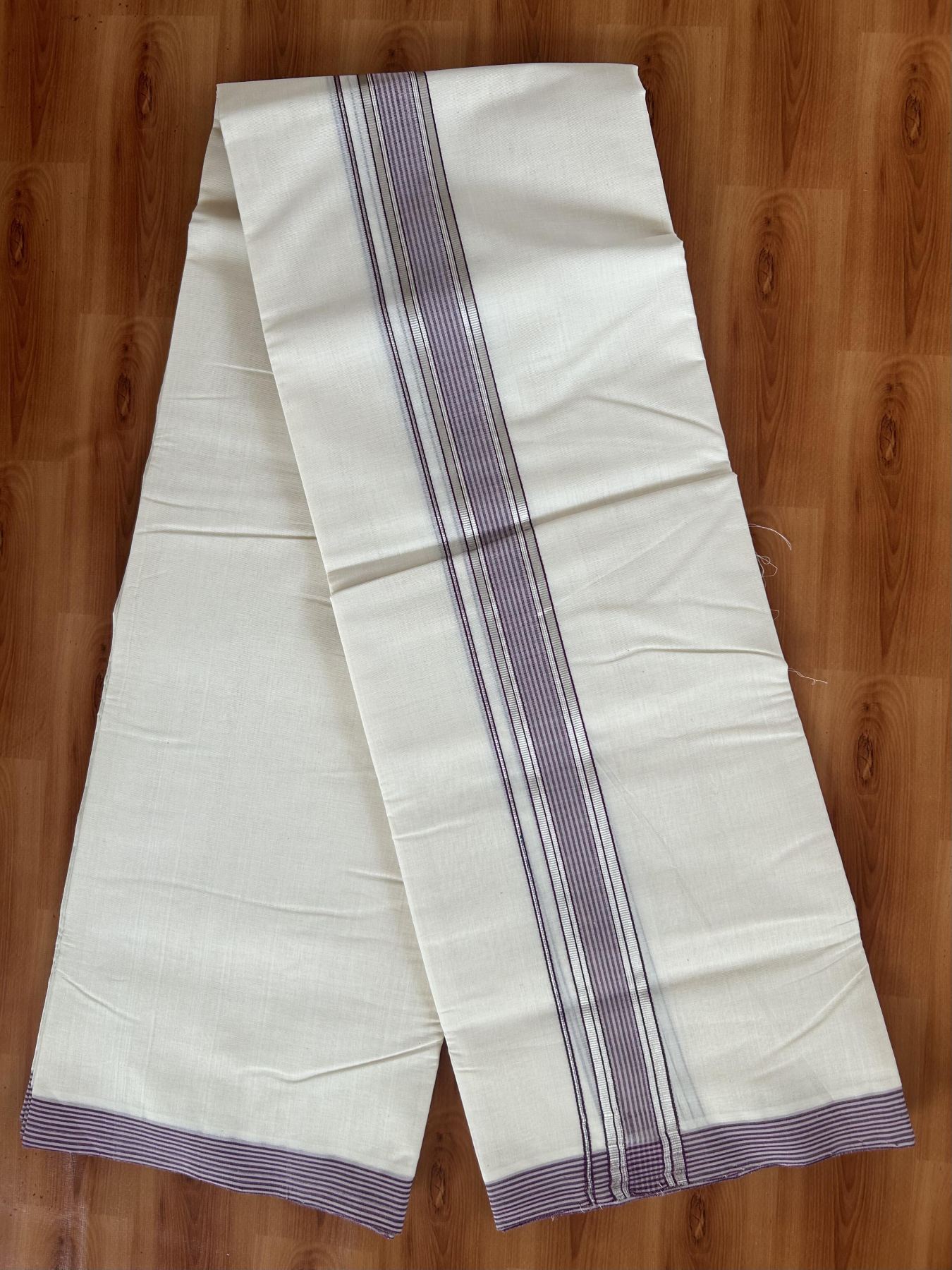 25% Discount! KaithariKada Handloom Millpaav - Kerala Handloom Cotton Double Mundu/Dhoti Off white (Unbleached) - 80x90 - 1.5 inch Silver Kasav lavender pink & Purple Shaded Stripes Kara 3.60 meter (8 Muzham) - 12 KK5383 RAM