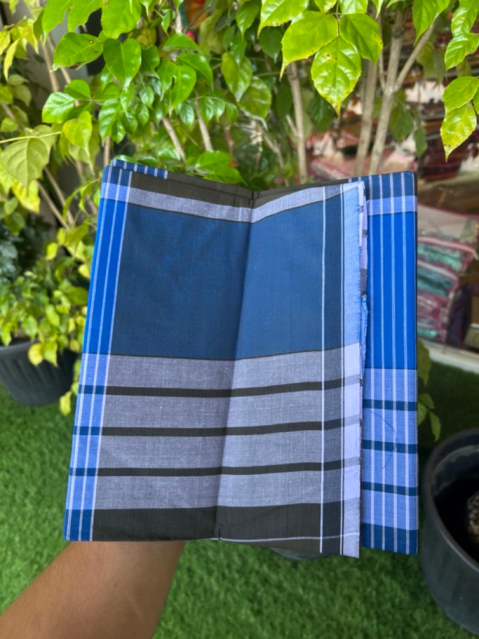 Premium Kathar Type Mund Pure cotton - Kaitharikada - Single Kaily / Lungi - 0.5 inch white Border with Blue , Olive Green & White Stripes body (2 meter / 4 muzham) - 15 KK5306 MUT