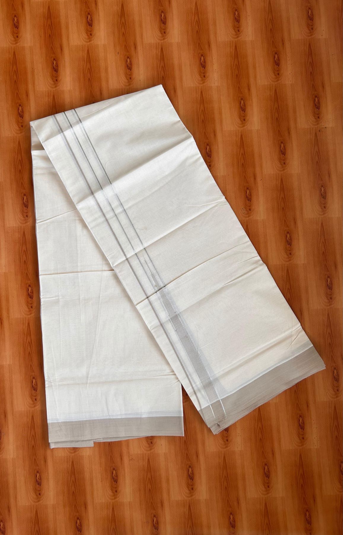 Double Off White (Unbleached) Mundu/Dhoti - 20% Discount! KaithariKada 100% Cotton - 80X90 - 0.75 inch Light Brown Silver kasav Striped Chutty Kara 4 mtr (8.5 Muzham) - 22 KK5520 PMC