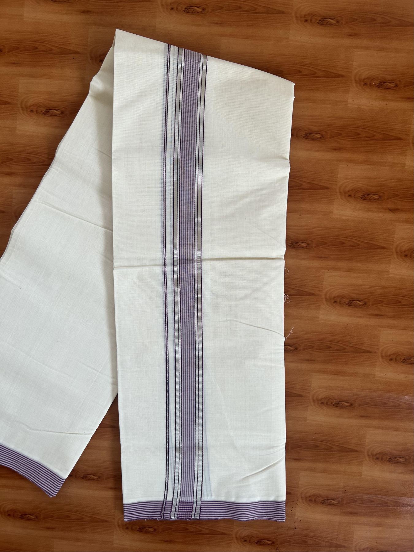 25% Discount! KaithariKada Handloom Millpaav - Kerala Handloom Cotton Double Mundu/Dhoti Off white (Unbleached) - 80x90 - 1.5 inch Silver Kasav lavender pink & Purple Shaded Stripes Kara 3.60 meter (8 Muzham) - 12 KK5383 RAM