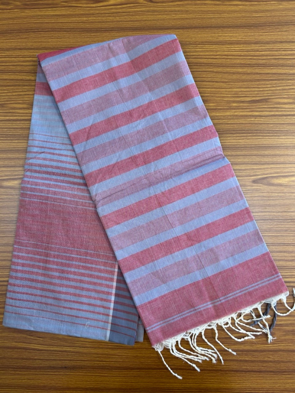 KaithariKada- Balaramapuram  Saree - 100% PURE Cotton - Red & Ash Grey Striped Design - 2KK1008RJT