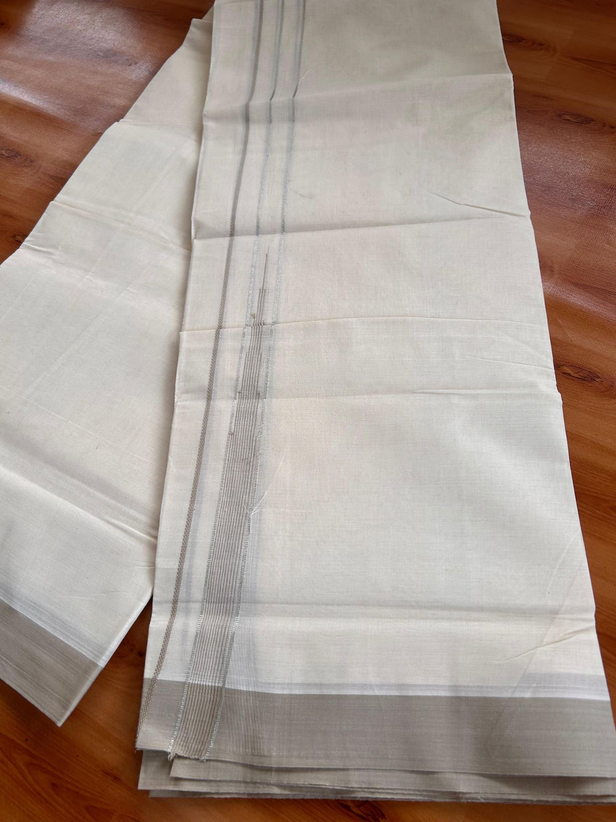 Double Off White (Unbleached) Mundu/Dhoti - 20% Discount! KaithariKada 100% Cotton - 80X90 - 0.75 inch Light Brown Silver kasav Striped Chutty Kara 4 mtr (8.5 Muzham) - 22 KK5520 PMC