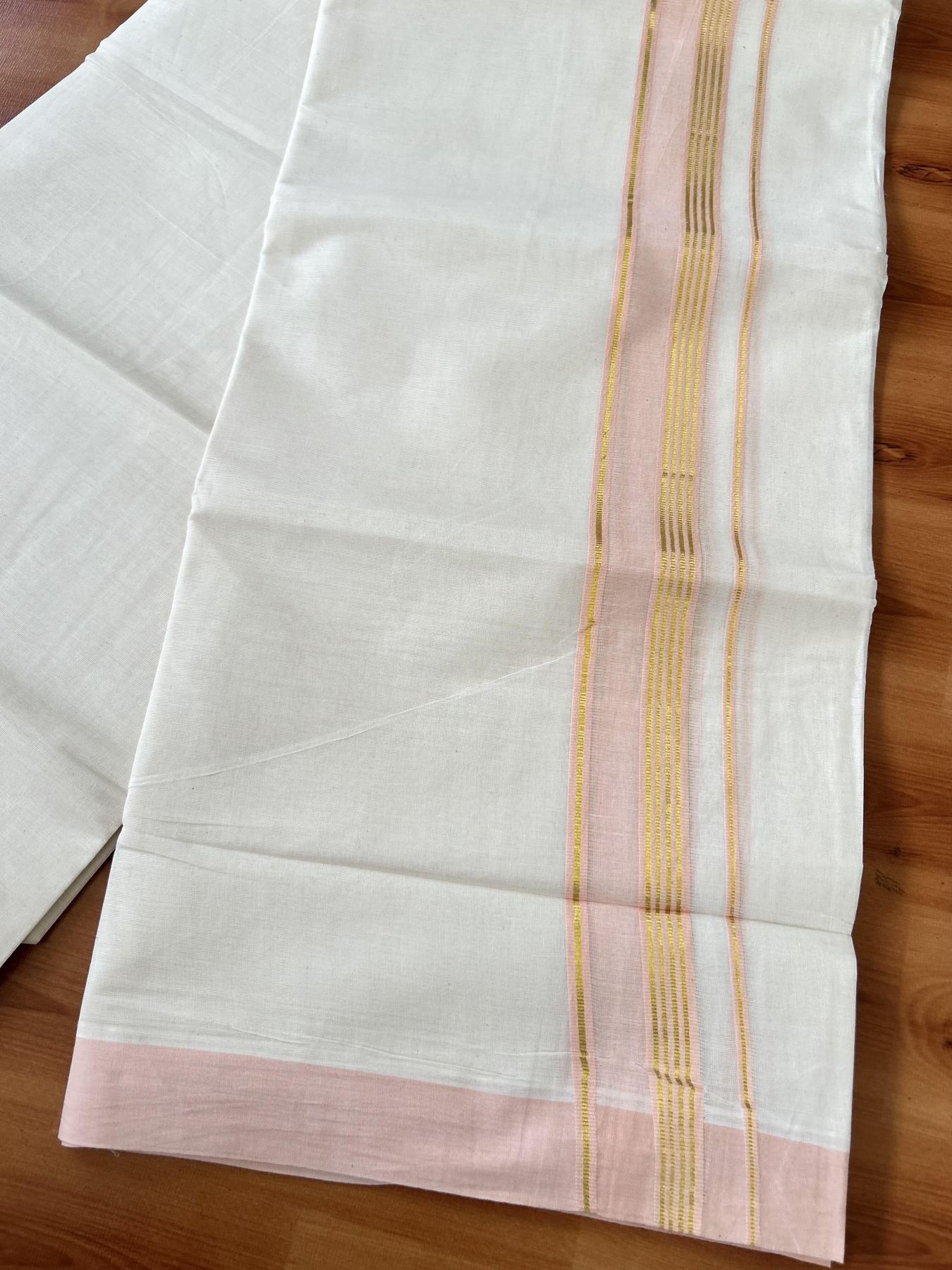Double Off White (Unbleached) Mundu/Dothi- 20% Discount! Kaitharikada 100% Pure Cotton - 100x80 - 1.5 inch Gold Kasav Stripes & Light Peach Shaded Kara 4 mtr (8.5 muzham) - 53 KK5452 THI