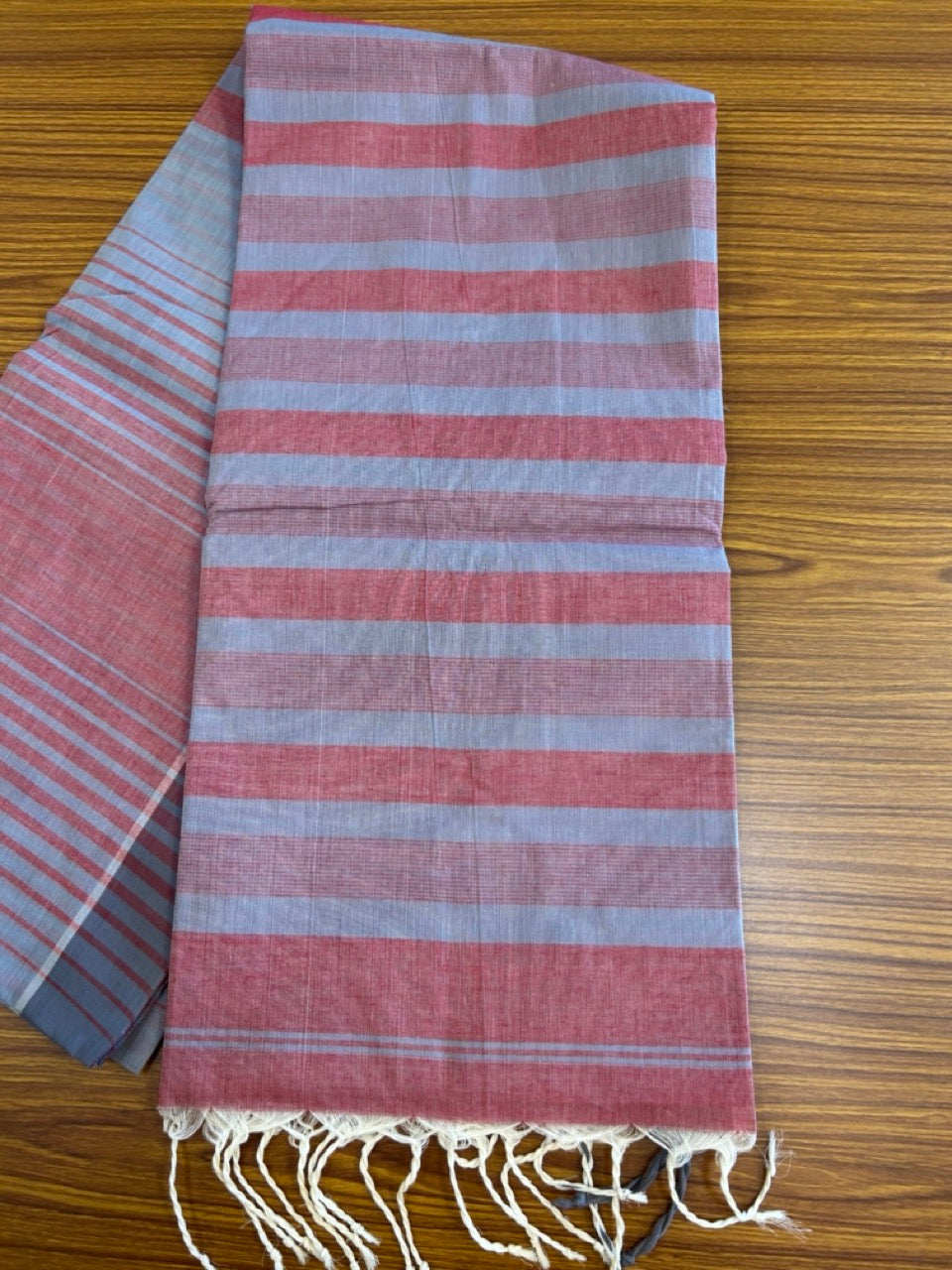 KaithariKada- Balaramapuram  Saree - 100% PURE Cotton - Red & Ash Grey Striped Design - 2KK1008RJT