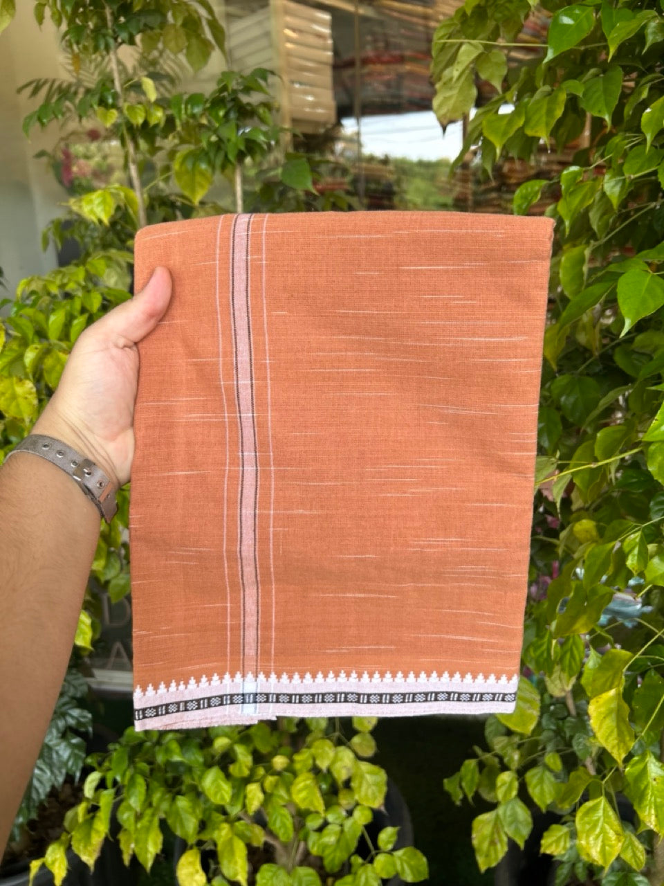 Premium Kathar Type Kavi Mund Pure cotton - Kaitharikada - Single Kaily / Lungi - 1 inch White & Black Stripes kara kuppadam Border with Kavi colour body (2 meter / 4 muzham) - 8 KK5306 MUT