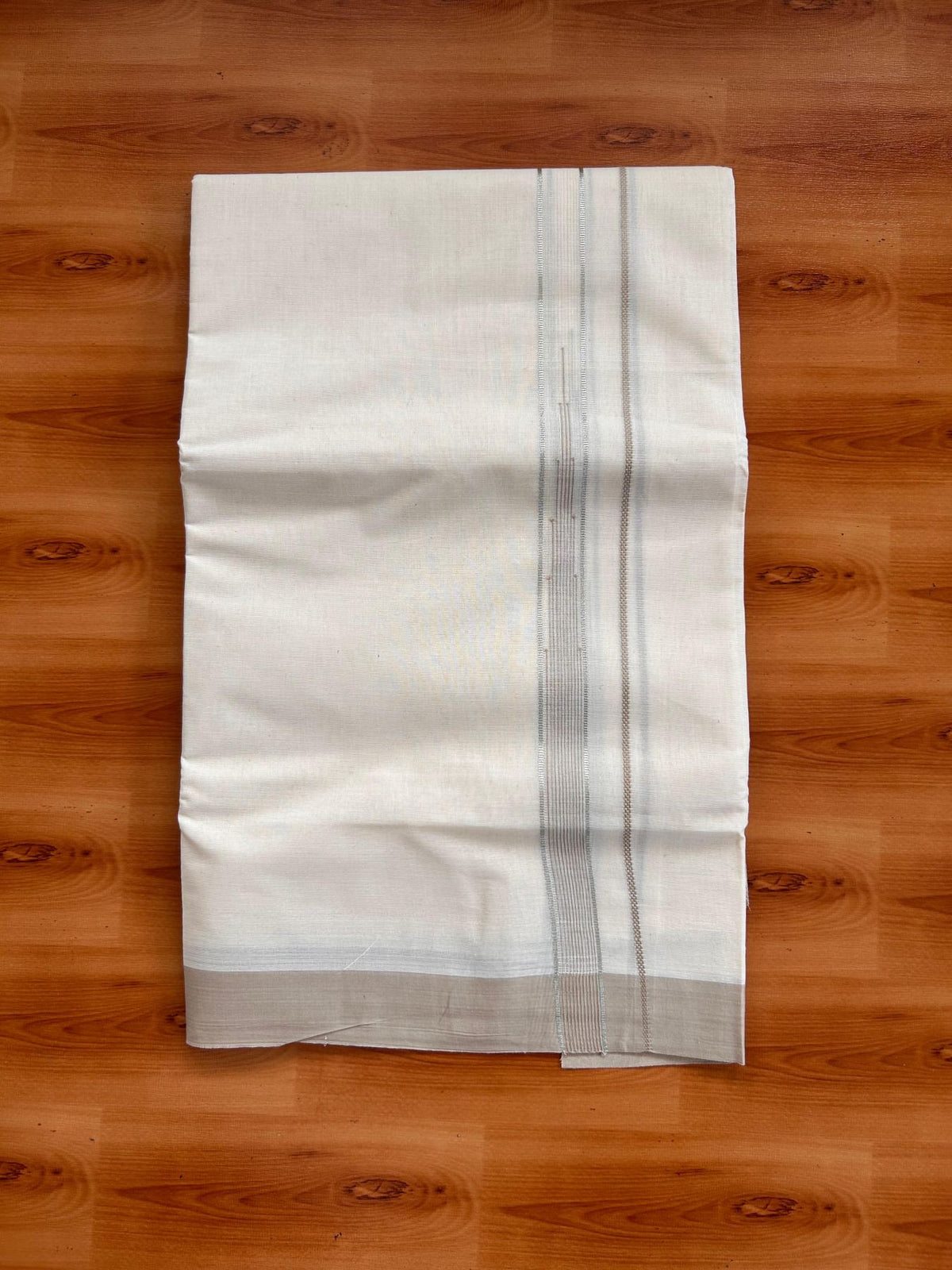Double Off White (Unbleached) Mundu/Dhoti - 20% Discount! KaithariKada 100% Cotton - 80X90 - 0.75 inch Light Brown Silver kasav Striped Chutty Kara 4 mtr (8.5 Muzham) - 22 KK5520 PMC