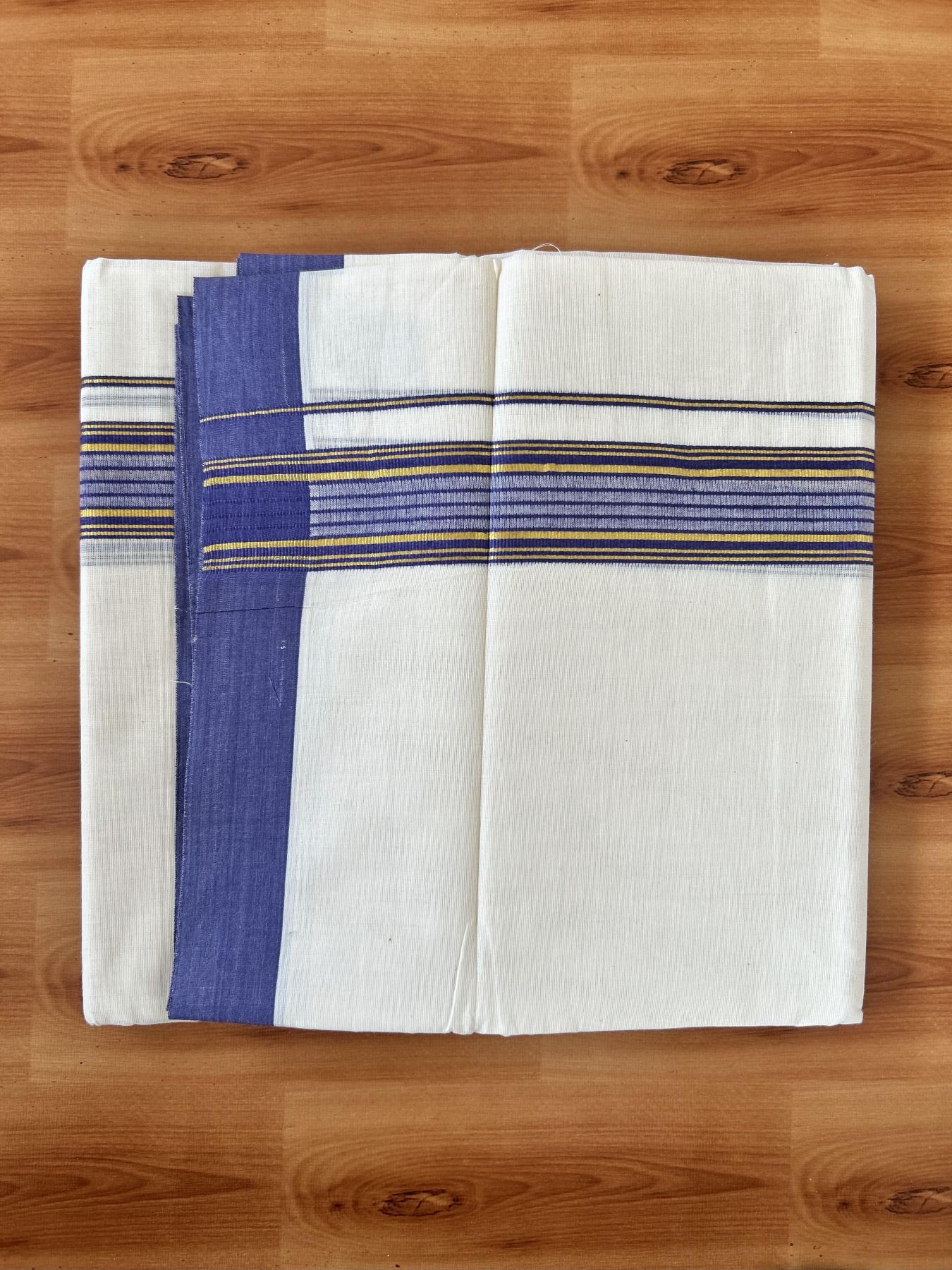 Double Off White (Unbleached) Mundu/Dothi- 20% Discount! Kaitharikada 100% Pure Cotton - 100x80 - 1.5 inch Gold Kasav & Violet Shaded Striped Kara 4 mtr (8.5 muzham) - 61 KK5452 THI