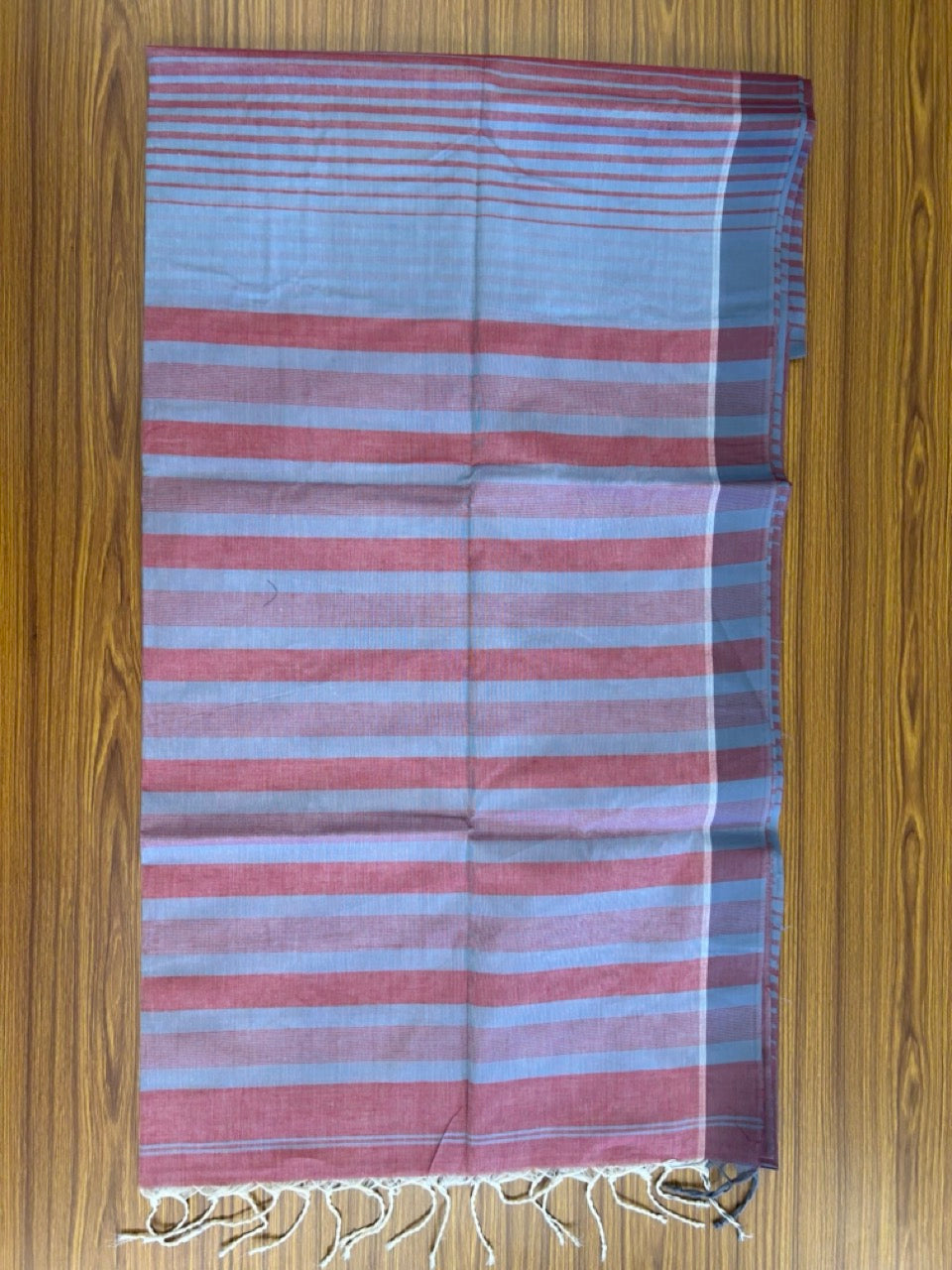 KaithariKada- Balaramapuram  Saree - 100% PURE Cotton - Red & Ash Grey Striped Design - 2KK1008RJT