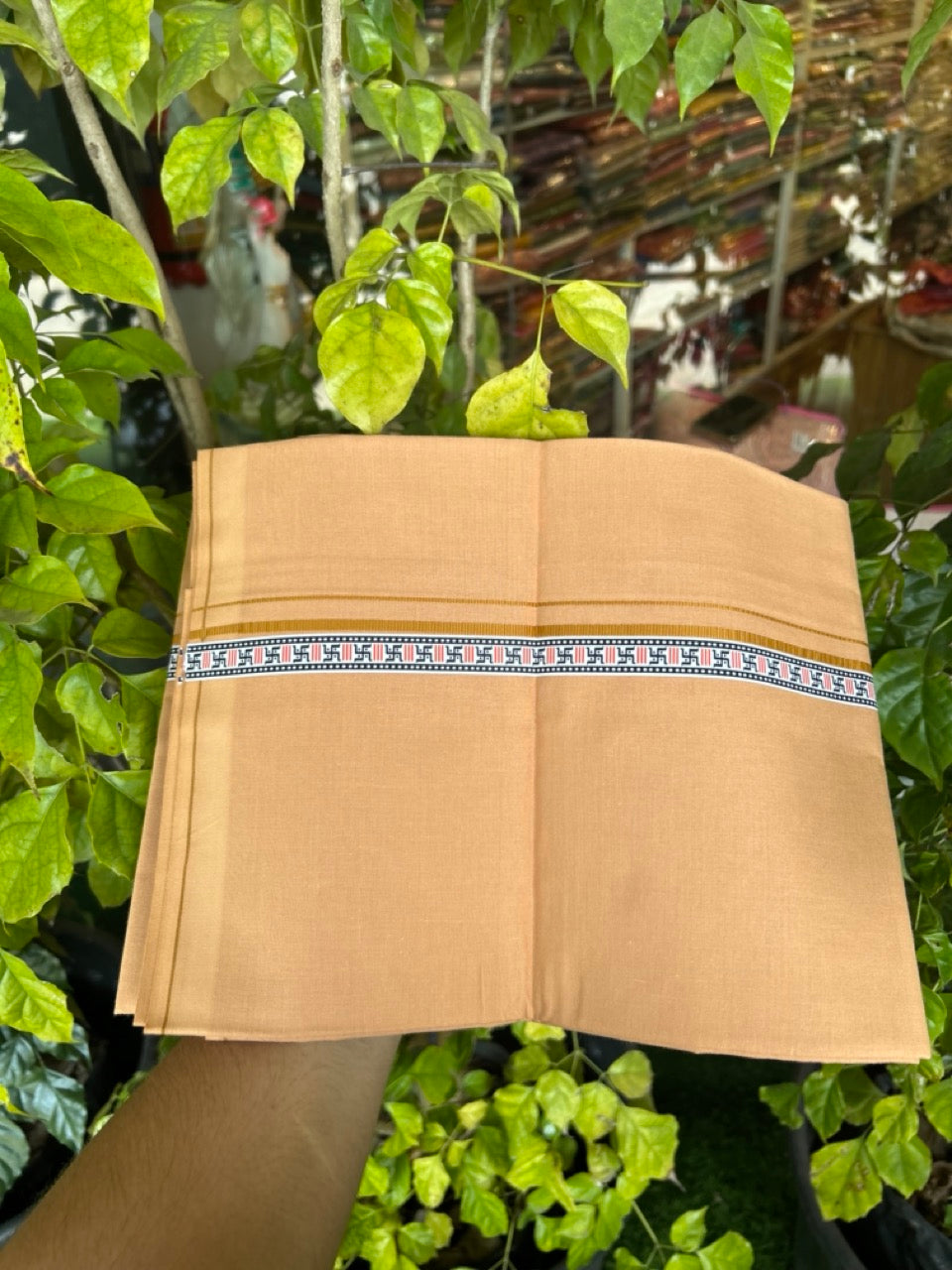 39% Discount! Kaitharikada - Pure Cotton - Single Kaily / Lungi - 0.75 inch Brown & Multi colour Pattern Printed kara with Light kavi colour body (2 meter / 4 muzham) - 14 KK5306 GAN