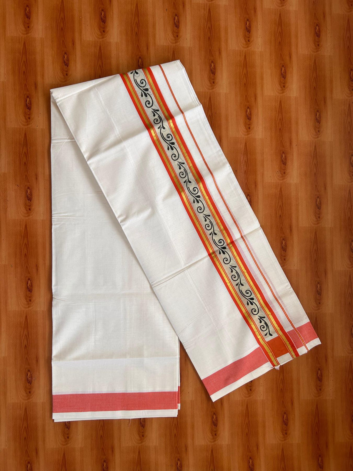 Off White (Unbleached) Double Mund/Dhoti - 20% Discount ! KaithariKada Mixed Cotton - 80x72 - 2.25 inch Peach Orange & Gold Kasav Tissue Printed Design Kara 4 mtr (8.5 Muzham) - 25 KK5220 PMC