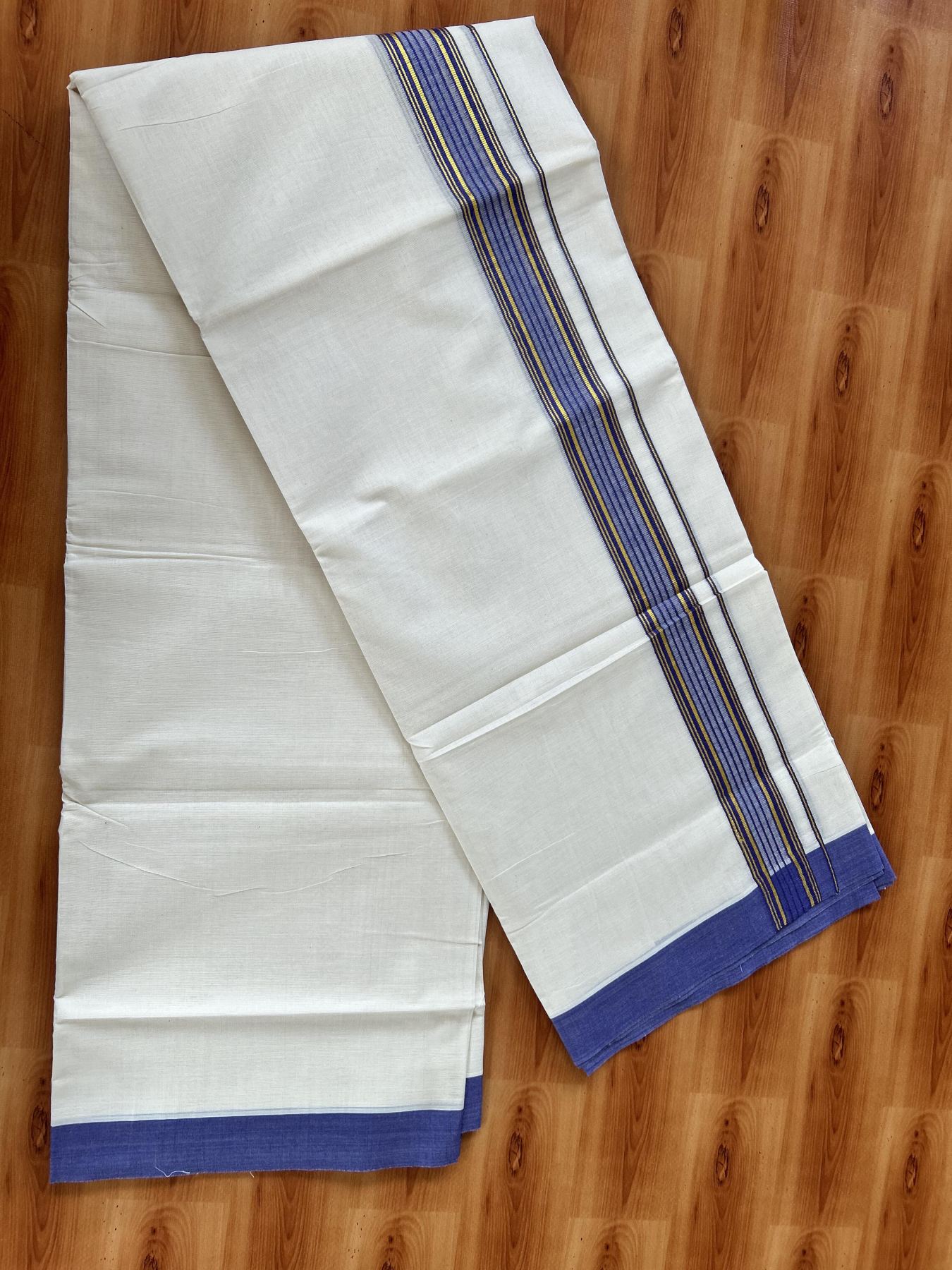 Double Off White (Unbleached) Mundu/Dothi- 20% Discount! Kaitharikada 100% Pure Cotton - 100x80 - 1.5 inch Gold Kasav & Violet Shaded Striped Kara 4 mtr (8.5 muzham) - 61 KK5452 THI