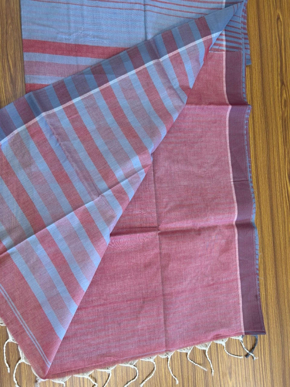 KaithariKada- Balaramapuram  Saree - 100% PURE Cotton - Red & Ash Grey Striped Design - 2KK1008RJT