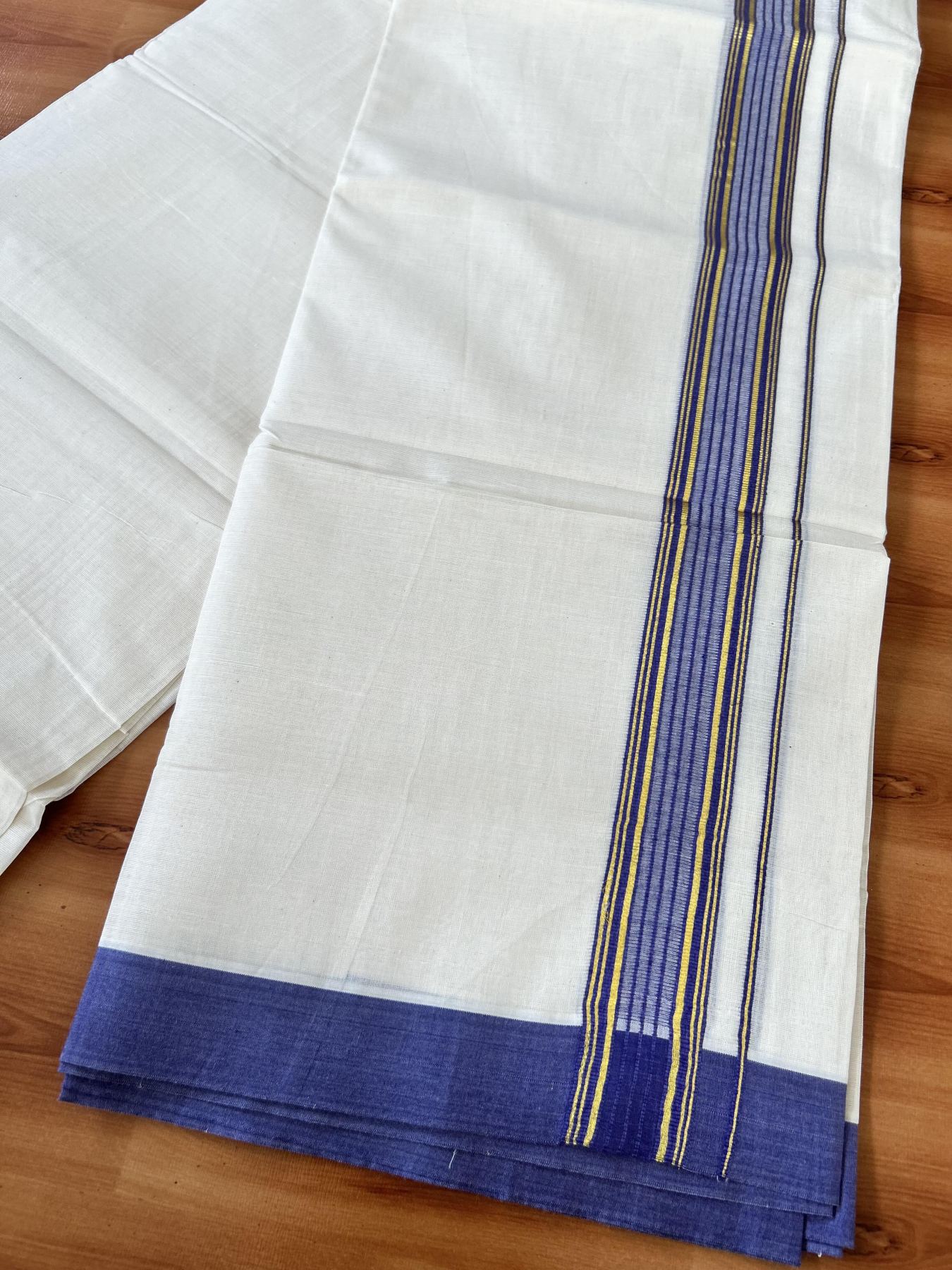 Double Off White (Unbleached) Mundu/Dothi- 20% Discount! Kaitharikada 100% Pure Cotton - 100x80 - 1.5 inch Gold Kasav & Violet Shaded Striped Kara 4 mtr (8.5 muzham) - 61 KK5452 THI
