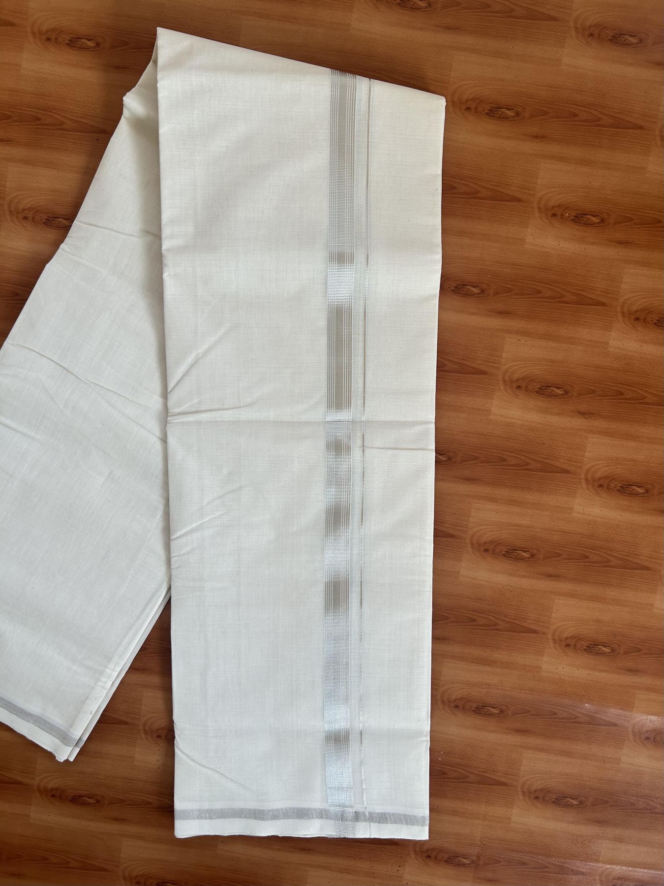25% Discount ! KaithariKada Handloom Millpaav - Kerala Handloom - 100% Pure Cotton Off White (Unbleached) Double Mundu/Dhoti - 80x90 - 0.75 inch Silver Kasav striped Kara 3.60 mtr (8 Muzham) - 13 KK5383 RAM