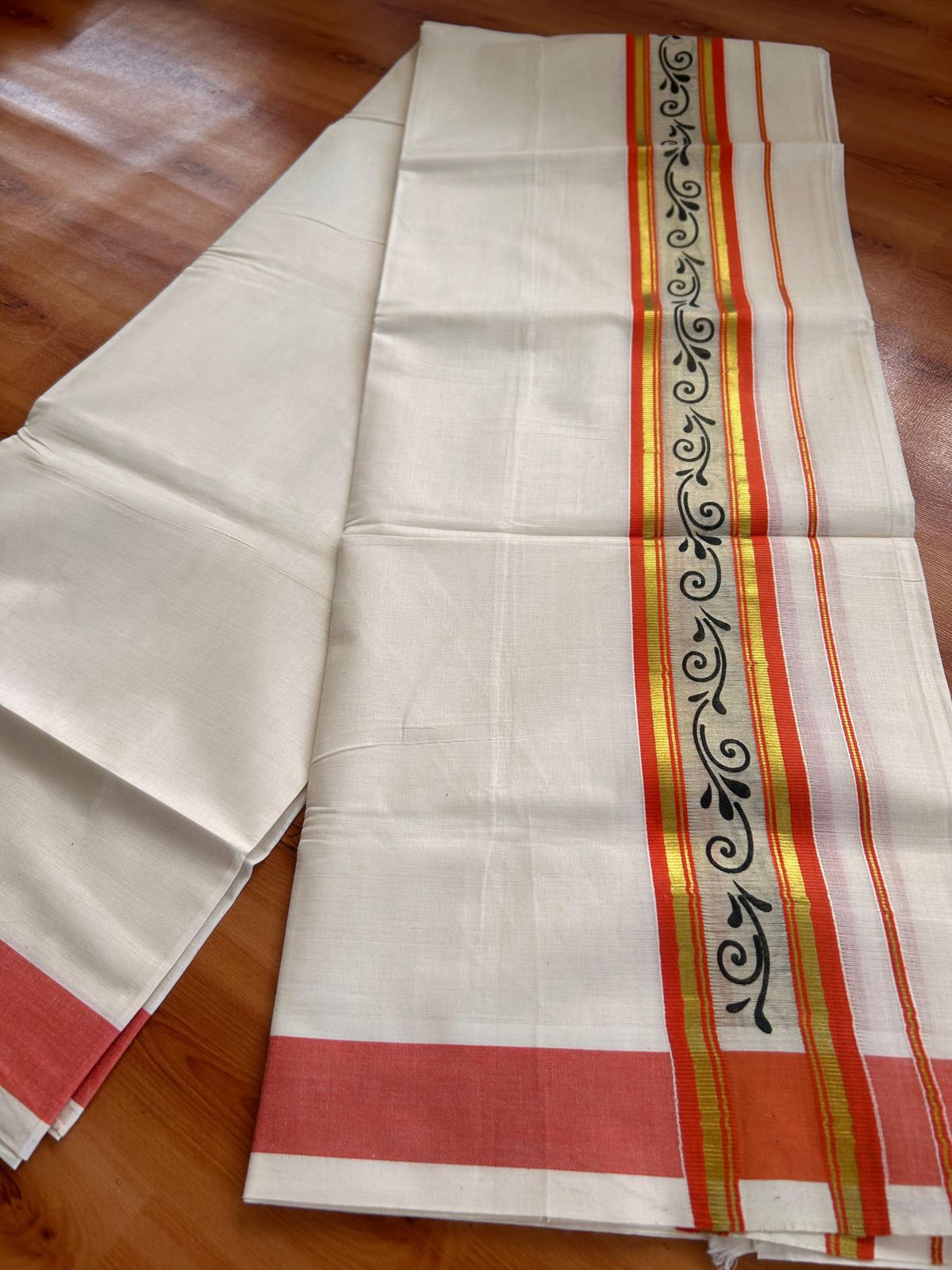 Off White (Unbleached) Double Mund/Dhoti - 20% Discount ! KaithariKada Mixed Cotton - 80x72 - 2.25 inch Peach Orange & Gold Kasav Tissue Printed Design Kara 4 mtr (8.5 Muzham) - 25 KK5220 PMC