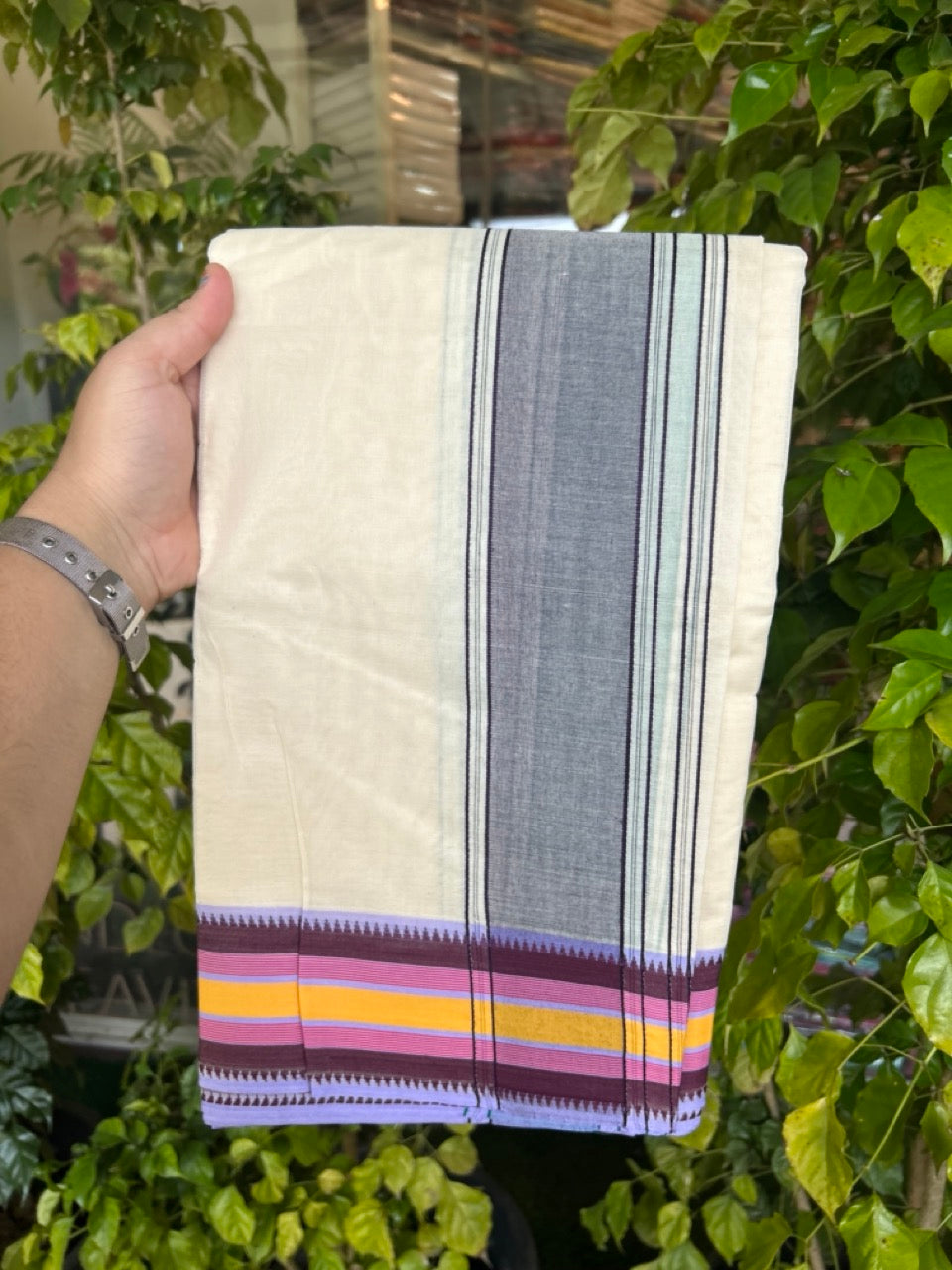 37% Discount! Kaitharikada 100% Cotton Off White - (Unbleached) - Pure Cotton -100x100 thread - North Indian - Attached Gamcha - 9X5 - Dhoti Violet kara with Pink,Yellow, Lavander , Green , Maroon Striped border - 16 KK5306 PMC