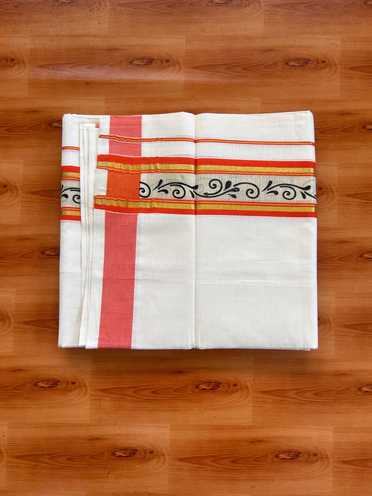 Off White (Unbleached) Double Mund/Dhoti - 20% Discount ! KaithariKada Mixed Cotton - 80x72 - 2.25 inch Peach Orange & Gold Kasav Tissue Printed Design Kara 4 mtr (8.5 Muzham) - 25 KK5220 PMC