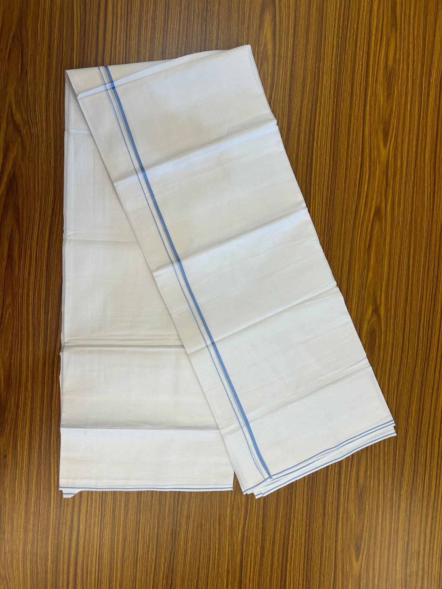 20% Discount!! New!! KaithariKada Balaramapuram 100% Cotton Pure White Double Mundu / Dhoti - (100x80)s - 0.25 inch Light Blue Kara  - 104 KK5363 VIN