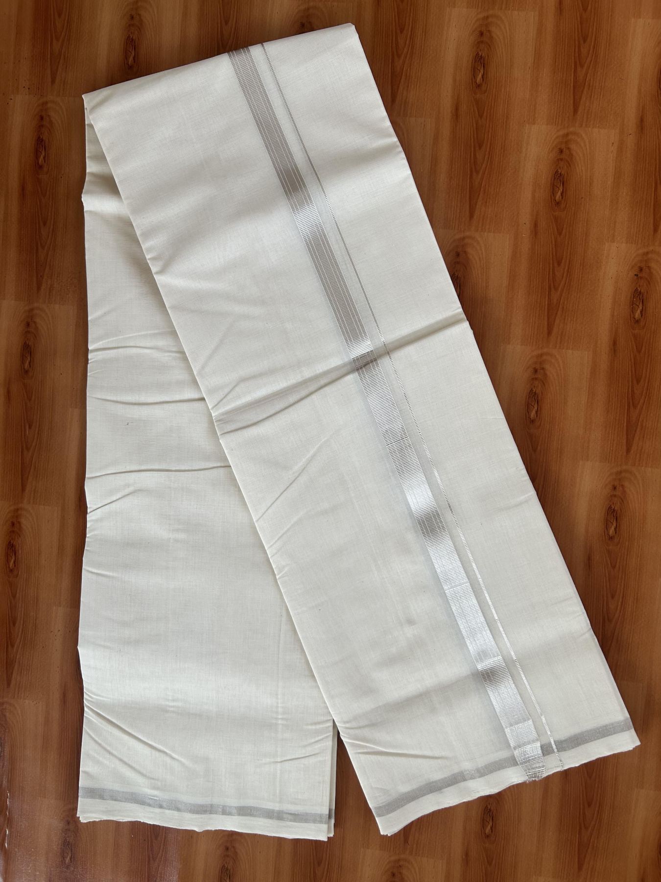 25% Discount ! KaithariKada Handloom Millpaav - Kerala Handloom - 100% Pure Cotton Off White (Unbleached) Double Mundu/Dhoti - 80x90 - 0.75 inch Silver Kasav striped Kara 3.60 mtr (8 Muzham) - 12 KK5383 RAM