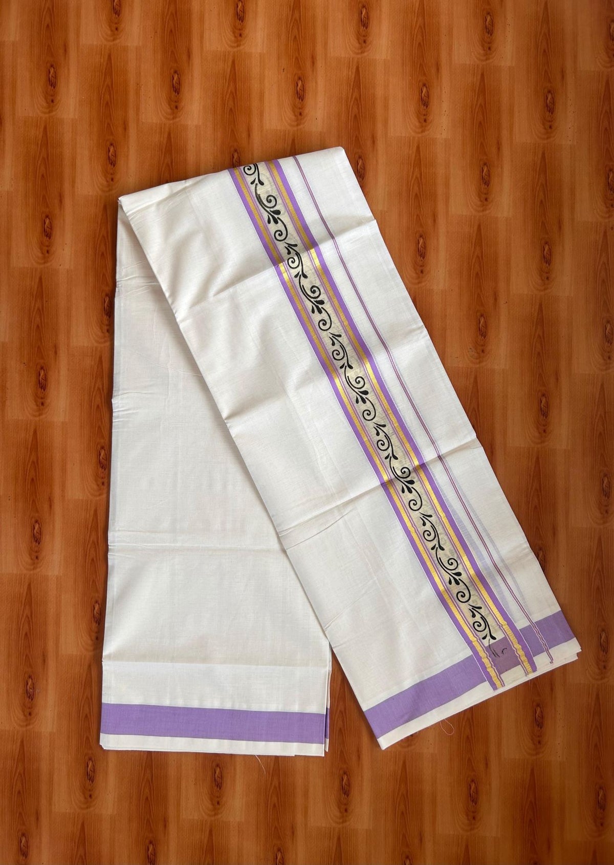 Off White (Unbleached) Double Mund/Dhoti - 20% Discount ! KaithariKada Mixed Cotton - 80x72 - 2.25 inch Lavender & Gold Kasav Tissue Printed Design Kara 4 mtr (8.5 Muzham) - 26 KK5220 PMC