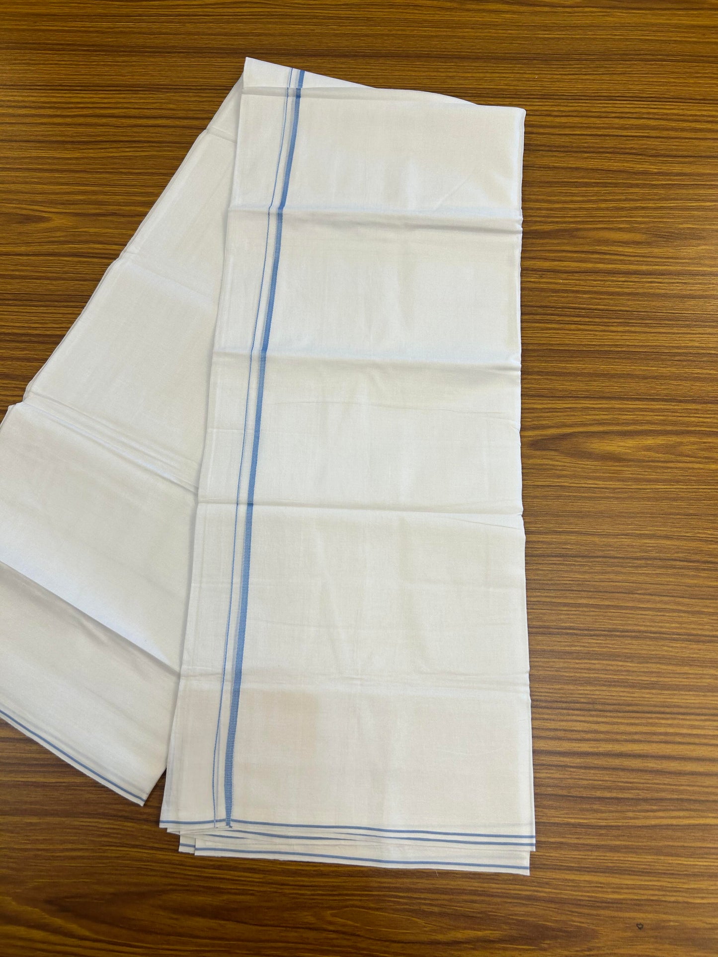 20% Discount!! New!! KaithariKada Balaramapuram 100% Cotton Pure White Double Mundu / Dhoti - (100x80)s - 0.25 inch Light Blue Kara  - 104 KK5363 VIN