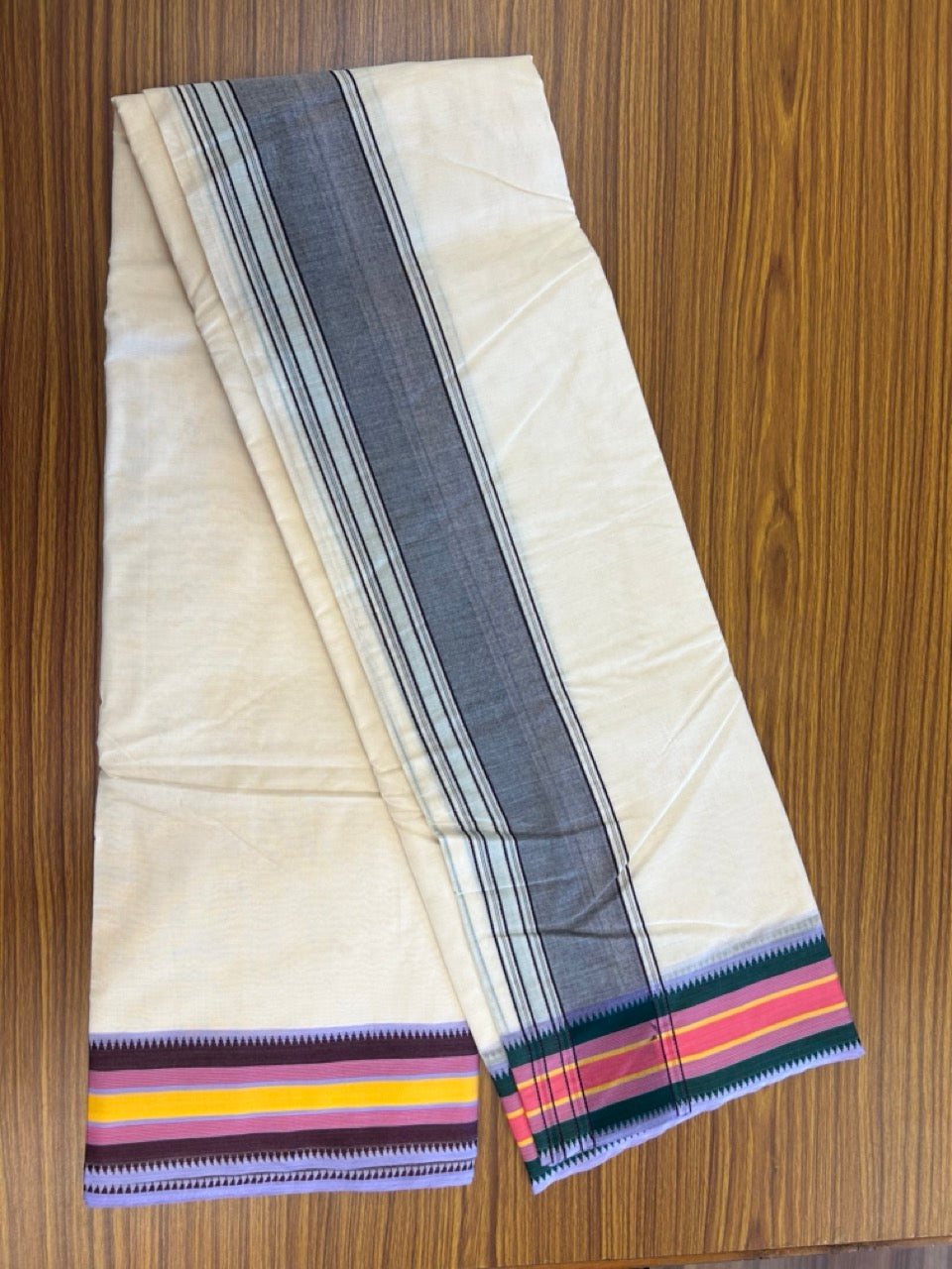 37% Discount! Kaitharikada 100% Cotton Off White - (Unbleached) - Pure Cotton -100x100 thread - North Indian - Attached Gamcha - 9X5 - Dhoti Violet kara with Pink,Yellow, Lavander , Green , Maroon Striped border - 16 KK5306 PMC