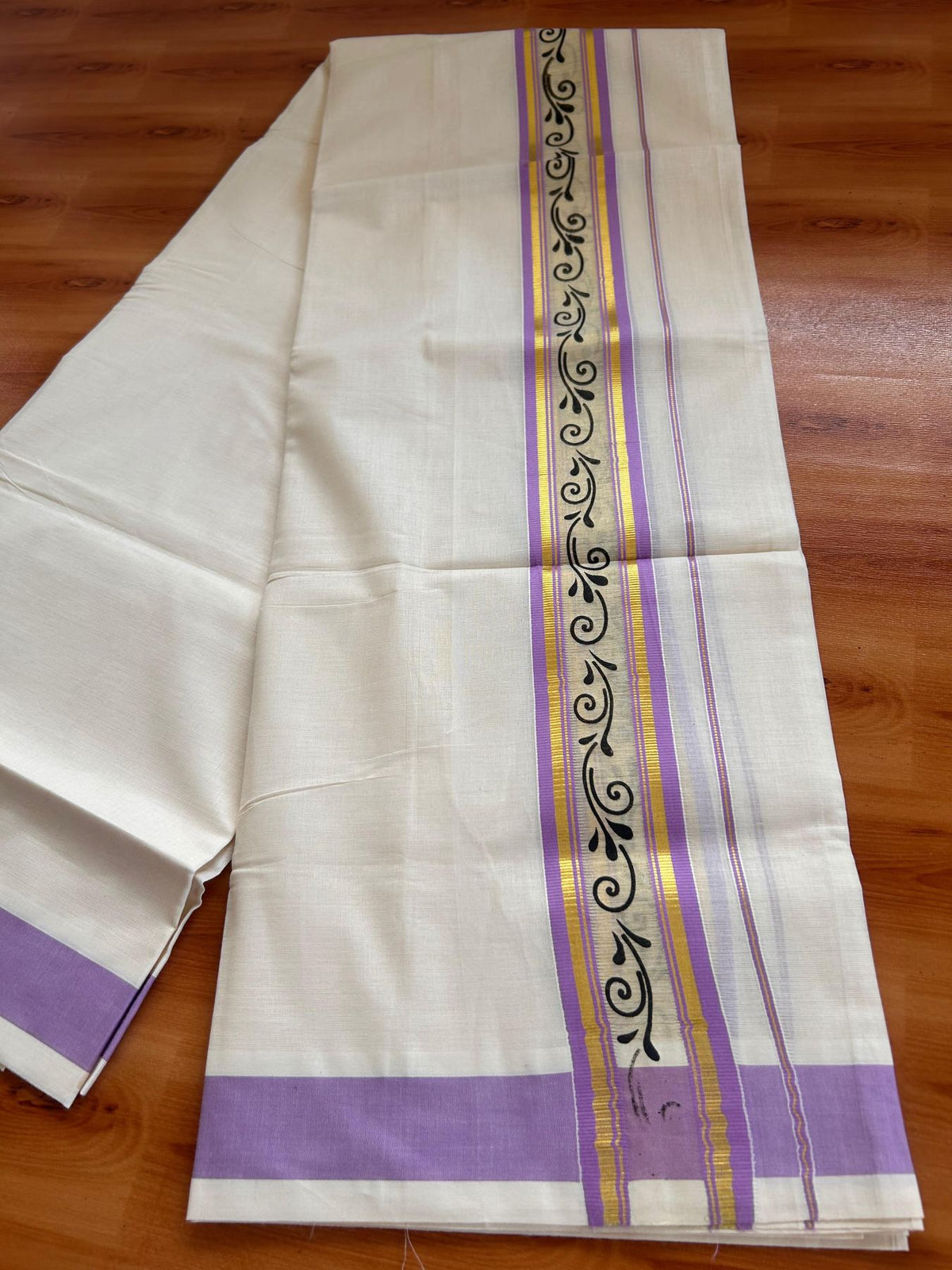 Off White (Unbleached) Double Mund/Dhoti - 20% Discount ! KaithariKada Mixed Cotton - 80x72 - 2.25 inch Lavender & Gold Kasav Tissue Printed Design Kara 4 mtr (8.5 Muzham) - 26 KK5220 PMC