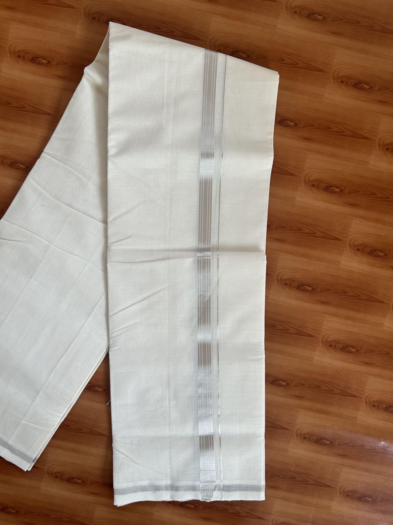25% Discount ! KaithariKada Handloom Millpaav - Kerala Handloom - 100% Pure Cotton Off White (Unbleached) Double Mundu/Dhoti - 80x90 - 0.75 inch Silver Kasav striped Kara 3.60 mtr (8 Muzham) - 12 KK5383 RAM