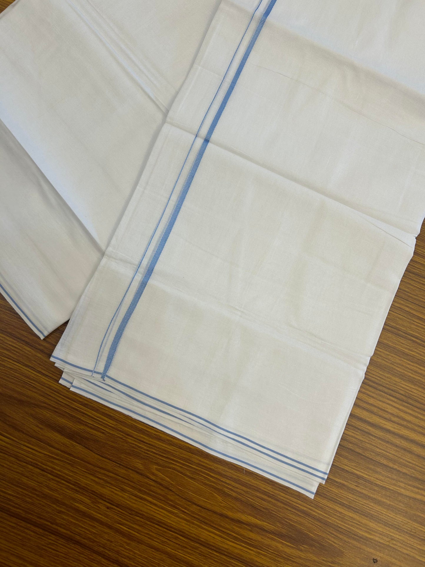 20% Discount!! New!! KaithariKada Balaramapuram 100% Cotton Pure White Double Mundu / Dhoti - (100x80)s - 0.25 inch Light Blue Kara  - 104 KK5363 VIN