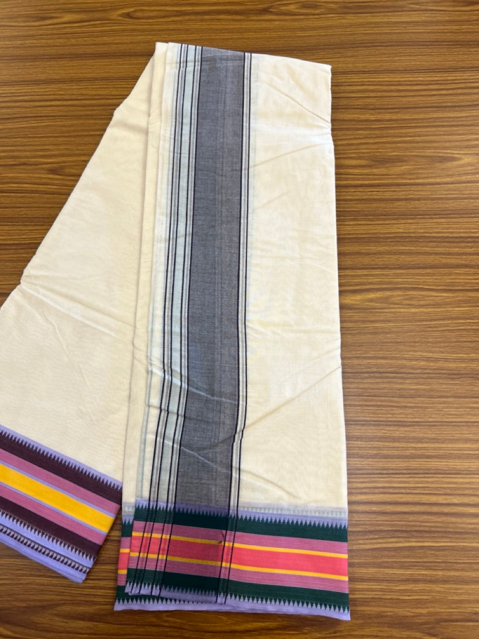 37% Discount! Kaitharikada 100% Cotton Off White - (Unbleached) - Pure Cotton -100x100 thread - North Indian - Attached Gamcha - 9X5 - Dhoti Violet kara with Pink,Yellow, Lavander , Green , Maroon Striped border - 16 KK5306 PMC