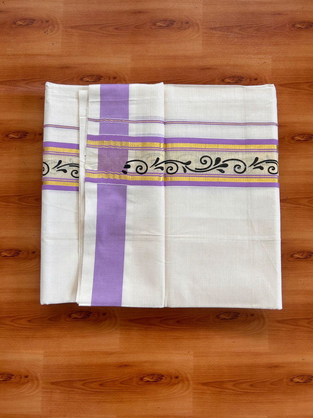 Off White (Unbleached) Double Mund/Dhoti - 20% Discount ! KaithariKada Mixed Cotton - 80x72 - 2.25 inch Lavender & Gold Kasav Tissue Printed Design Kara 4 mtr (8.5 Muzham) - 26 KK5220 PMC