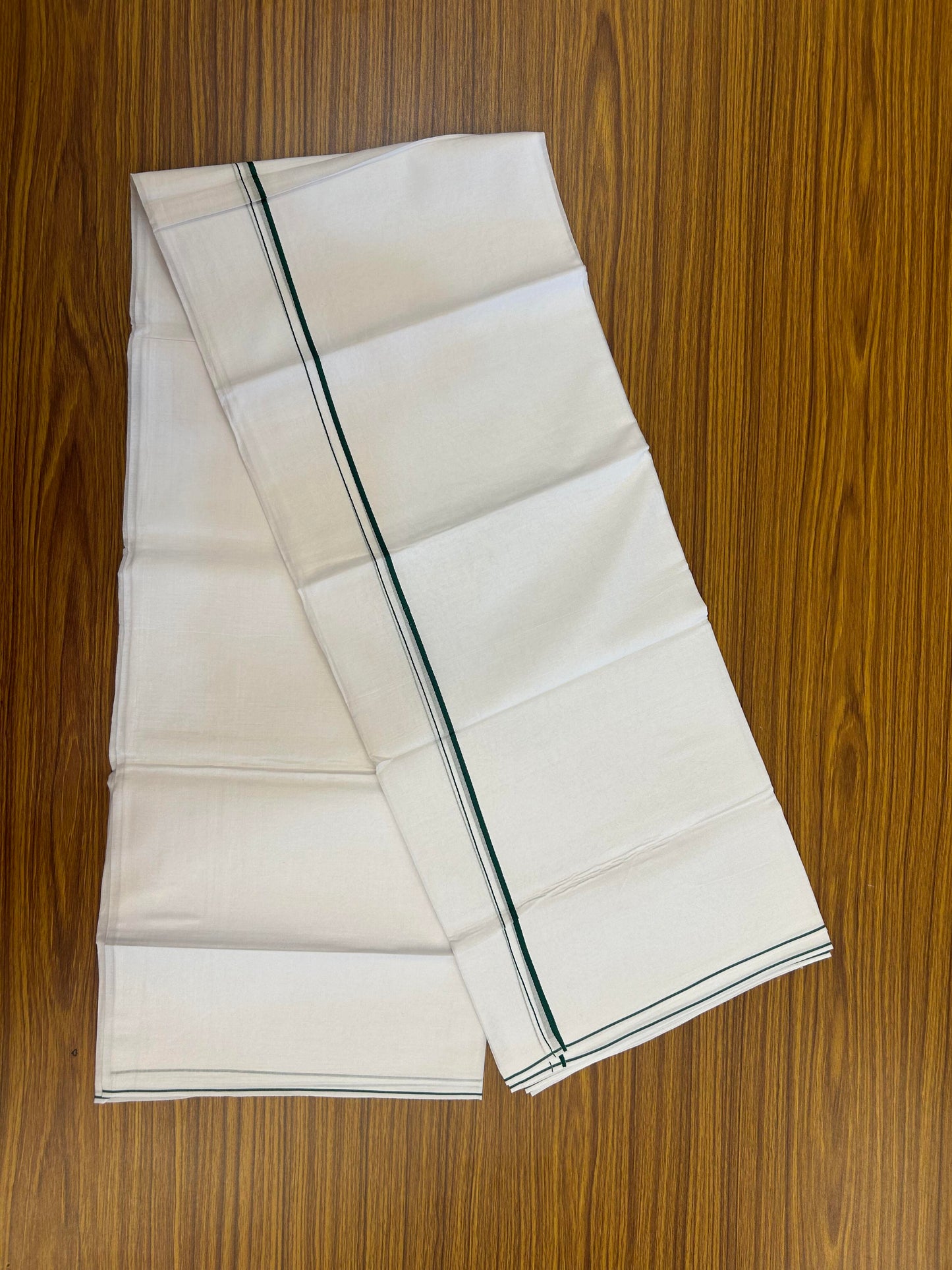 20% Discount!! New!! KaithariKada Balaramapuram 100% Cotton Pure White Double Mundu / Dhoti - (100x80)s - 0.25 inch Green Kara  - 105 KK5363 VIN