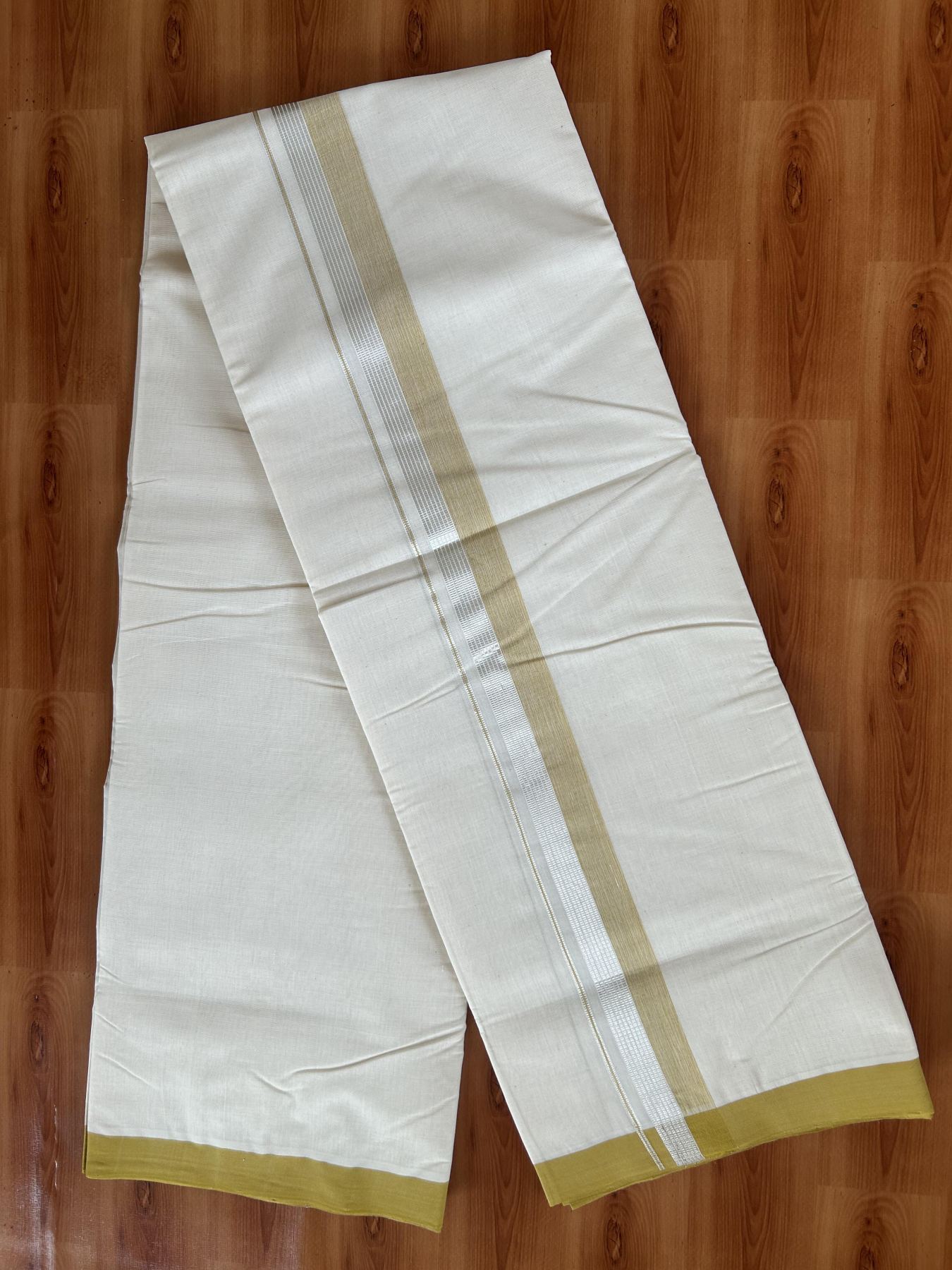 25% Discount! KaithariKada Handloom Millpaav - Kerala Handloom Cotton Double Mundu/Dhoti Off white (Unbleached) - 80x90 - 1.5 inch Silver Kasav & Mustard Shaded Stripes Kara 3.60 meter (8 Muzham) - 11 KK5383 RAM