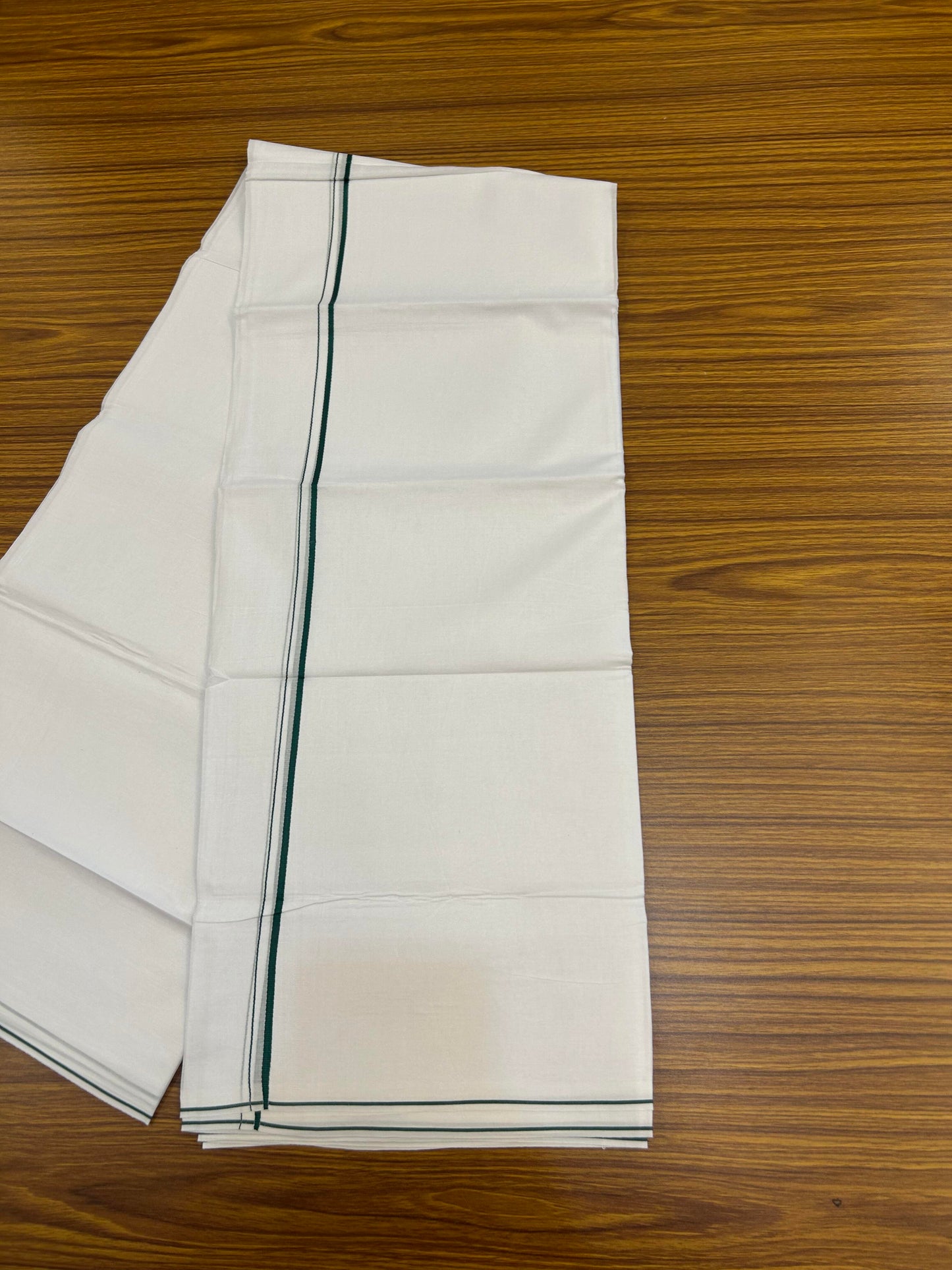 20% Discount!! New!! KaithariKada Balaramapuram 100% Cotton Pure White Double Mundu / Dhoti - (100x80)s - 0.25 inch Green Kara  - 105 KK5363 VIN