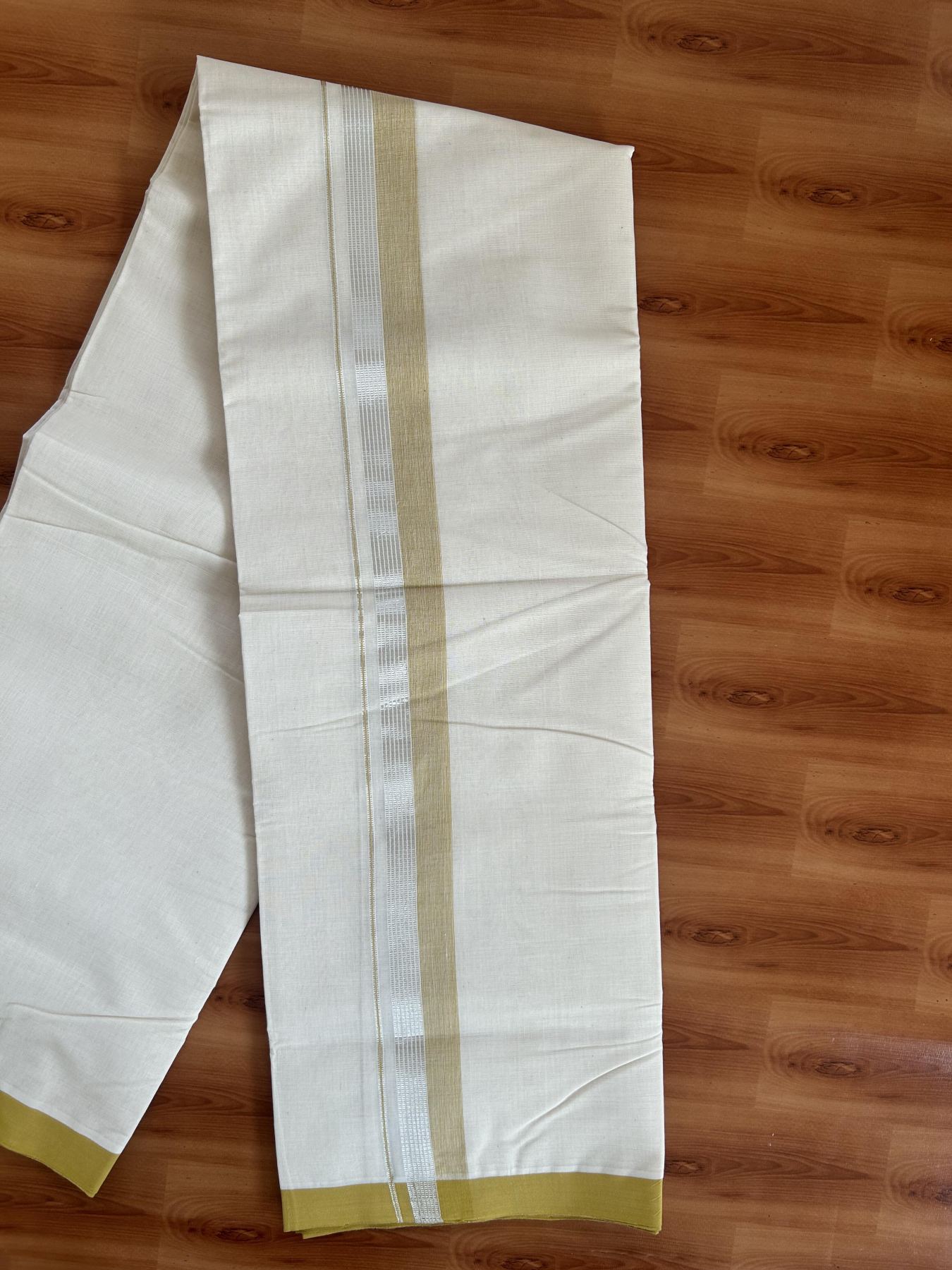 25% Discount! KaithariKada Handloom Millpaav - Kerala Handloom Cotton Double Mundu/Dhoti Off white (Unbleached) - 80x90 - 1.5 inch Silver Kasav & Mustard Shaded Stripes Kara 3.60 meter (8 Muzham) - 11 KK5383 RAM