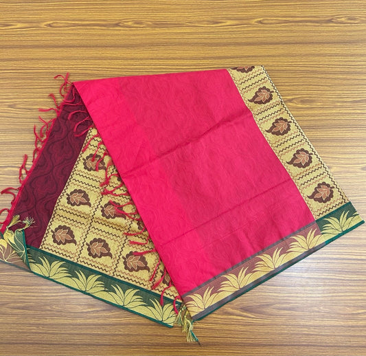 Kerala Colour Cotton Saree - Dark Reddish Pink Green & Sand Brown Flower Design Kara - Kaitharikada - 4KK1008RJT