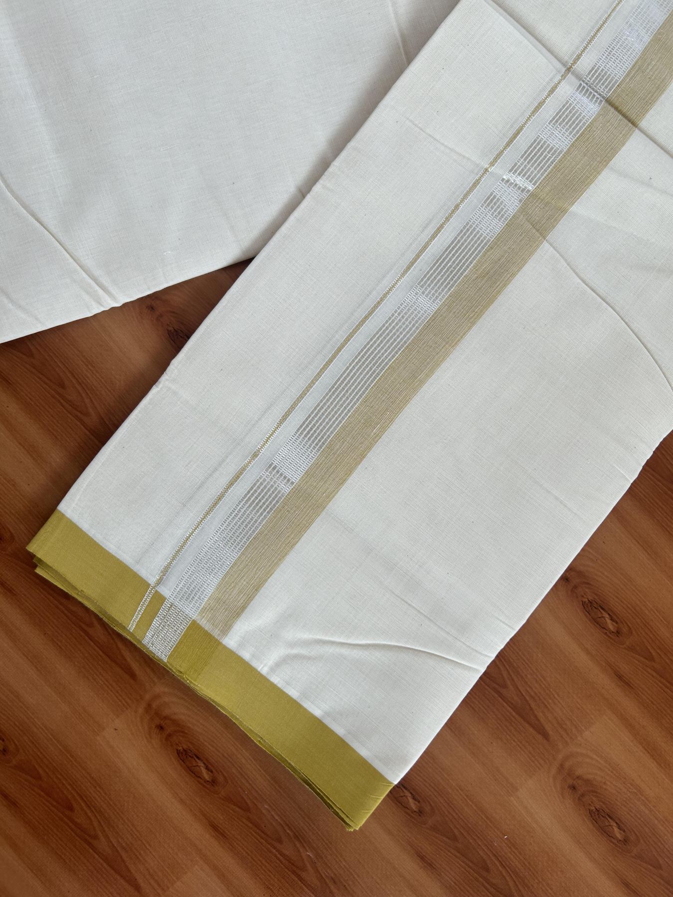 25% Discount! KaithariKada Handloom Millpaav - Kerala Handloom Cotton Double Mundu/Dhoti Off white (Unbleached) - 80x90 - 1.5 inch Silver Kasav & Mustard Shaded Stripes Kara 3.60 meter (8 Muzham) - 11 KK5383 RAM