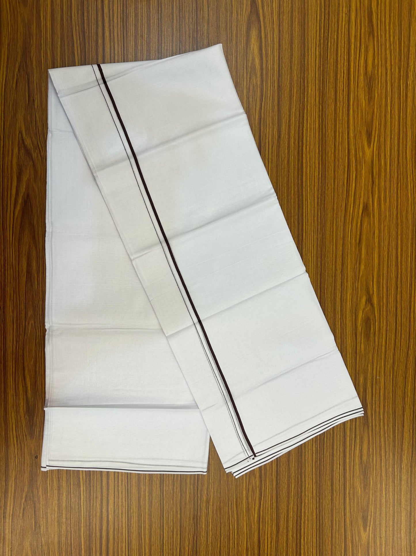 20% Discount!! New!! KaithariKada Balaramapuram 100% Cotton Pure White Double Mundu / Dhoti - (100x80)s - 0.25 inch Dark Brown Kara  - 106 KK5363 VIN