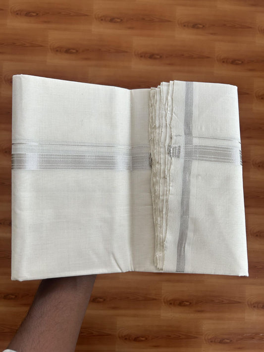 25% Discount ! KaithariKada Handloom Millpaav - Kerala Handloom - 100% Pure Cotton Off White (Unbleached) Double Mundu/Dhoti - 80x90 - 0.75 inch Silver Kasav striped Kara 3.60 mtr (8 Muzham) - 13 KK5383 RAM