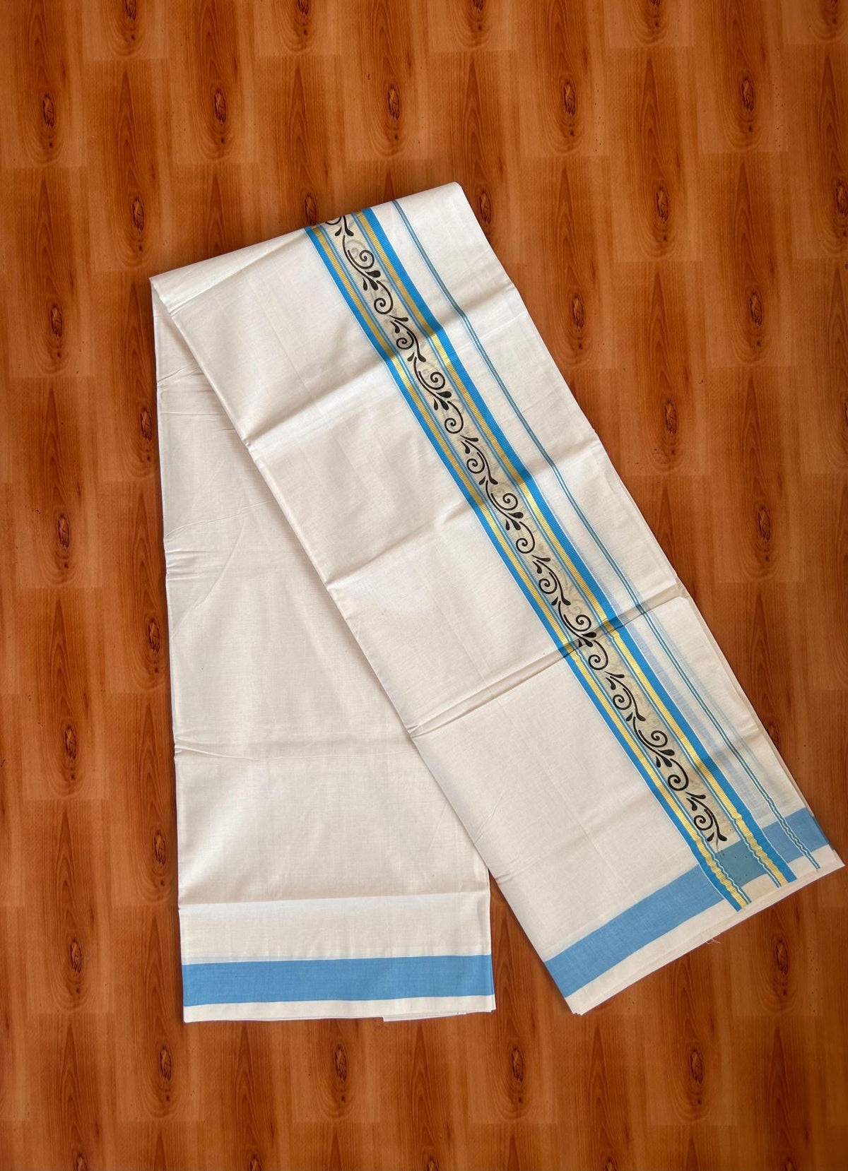 Off White (Unbleached) Double Mund/Dhoti - 20% Discount ! KaithariKada Mixed Cotton - 80x72 - 2 inch Light Blue & Gold Kasav Tissue Printed Design Kara 4 mtr (8.5 Muzham) - 24 KK5220 PMC