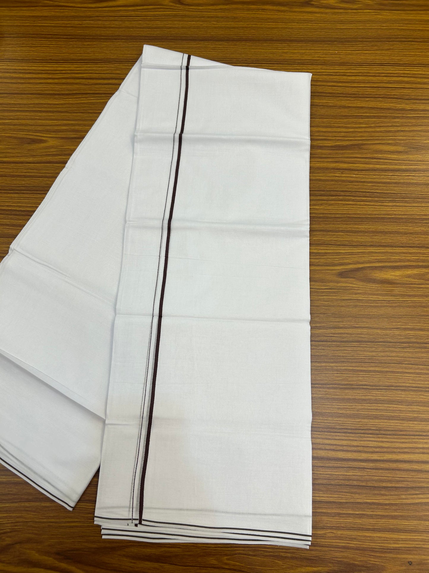 20% Discount!! New!! KaithariKada Balaramapuram 100% Cotton Pure White Double Mundu / Dhoti - (100x80)s - 0.25 inch Dark Brown Kara  - 106 KK5363 VIN