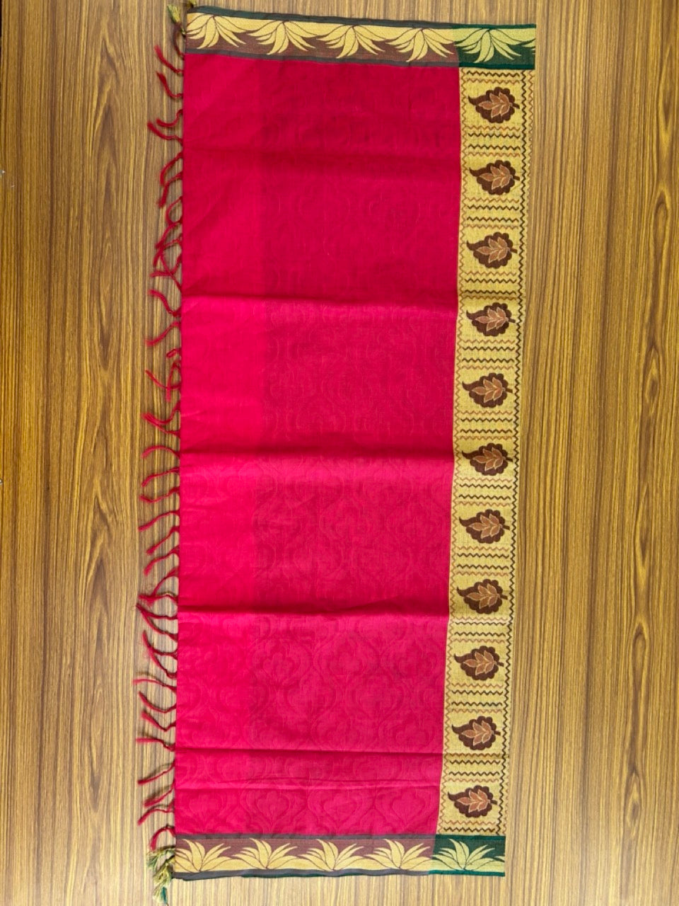 Kerala Colour Cotton Saree - Dark Reddish Pink Green & Sand Brown Flower Design Kara - Kaitharikada - 4KK1008RJT