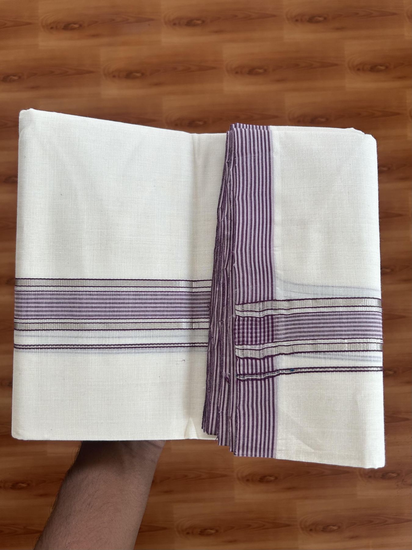 25% Discount! KaithariKada Handloom Millpaav - Kerala Handloom Cotton Double Mundu/Dhoti Off white (Unbleached) - 80x90 - 1.5 inch Silver Kasav lavender pink & Purple Shaded Stripes Kara 3.60 meter (8 Muzham) - 12 KK5383 RAM