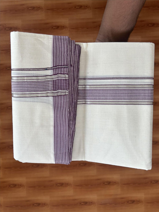 25% Discount! KaithariKada Handloom Millpaav - Kerala Handloom Cotton Double Mundu/Dhoti Off white (Unbleached) - 80x90 - 1.5 inch Silver Kasav lavender pink & Purple Shaded Stripes Kara 3.60 meter (8 Muzham) - 12 KK5383 RAM