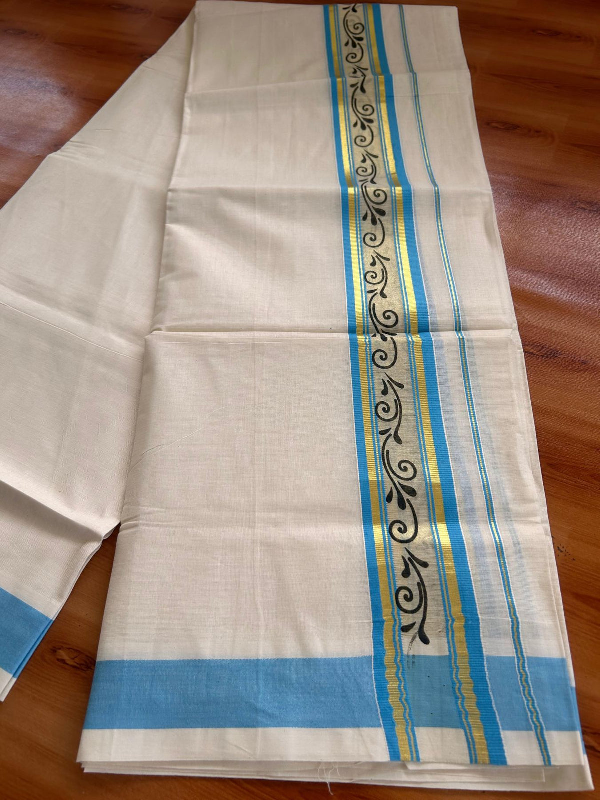 Off White (Unbleached) Double Mund/Dhoti - 20% Discount ! KaithariKada Mixed Cotton - 80x72 - 2 inch Light Blue & Gold Kasav Tissue Printed Design Kara 4 mtr (8.5 Muzham) - 24 KK5220 PMC