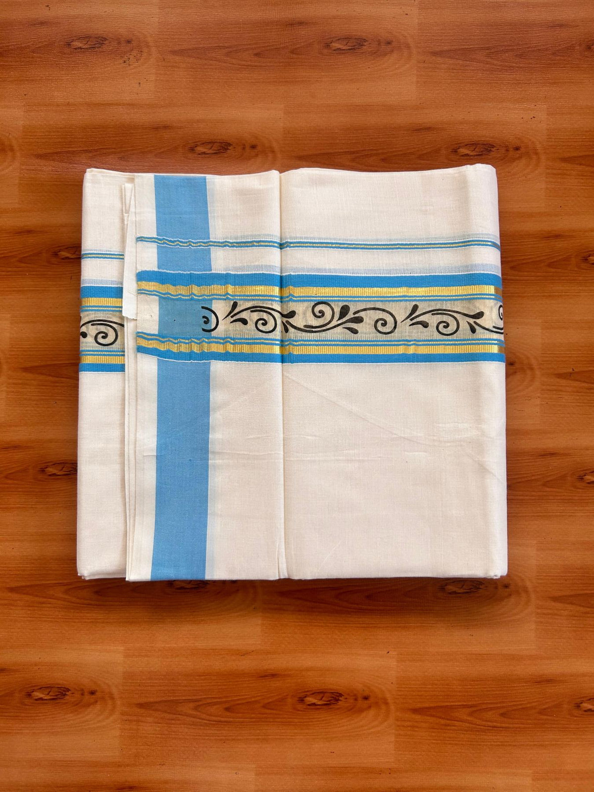 Off White (Unbleached) Double Mund/Dhoti - 20% Discount ! KaithariKada Mixed Cotton - 80x72 - 2 inch Light Blue & Gold Kasav Tissue Printed Design Kara 4 mtr (8.5 Muzham) - 24 KK5220 PMC
