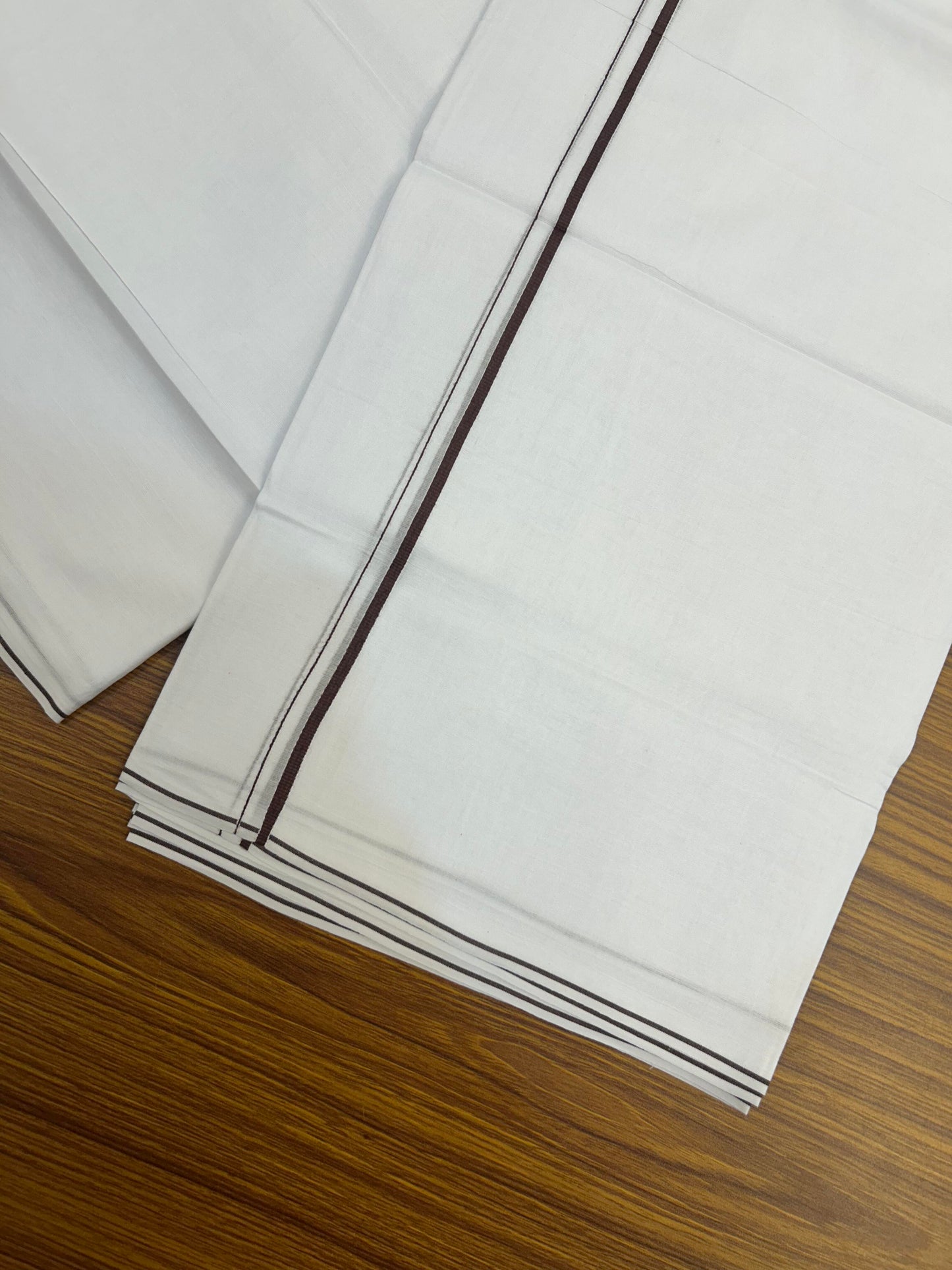 20% Discount!! New!! KaithariKada Balaramapuram 100% Cotton Pure White Double Mundu / Dhoti - (100x80)s - 0.25 inch Dark Brown Kara  - 106 KK5363 VIN